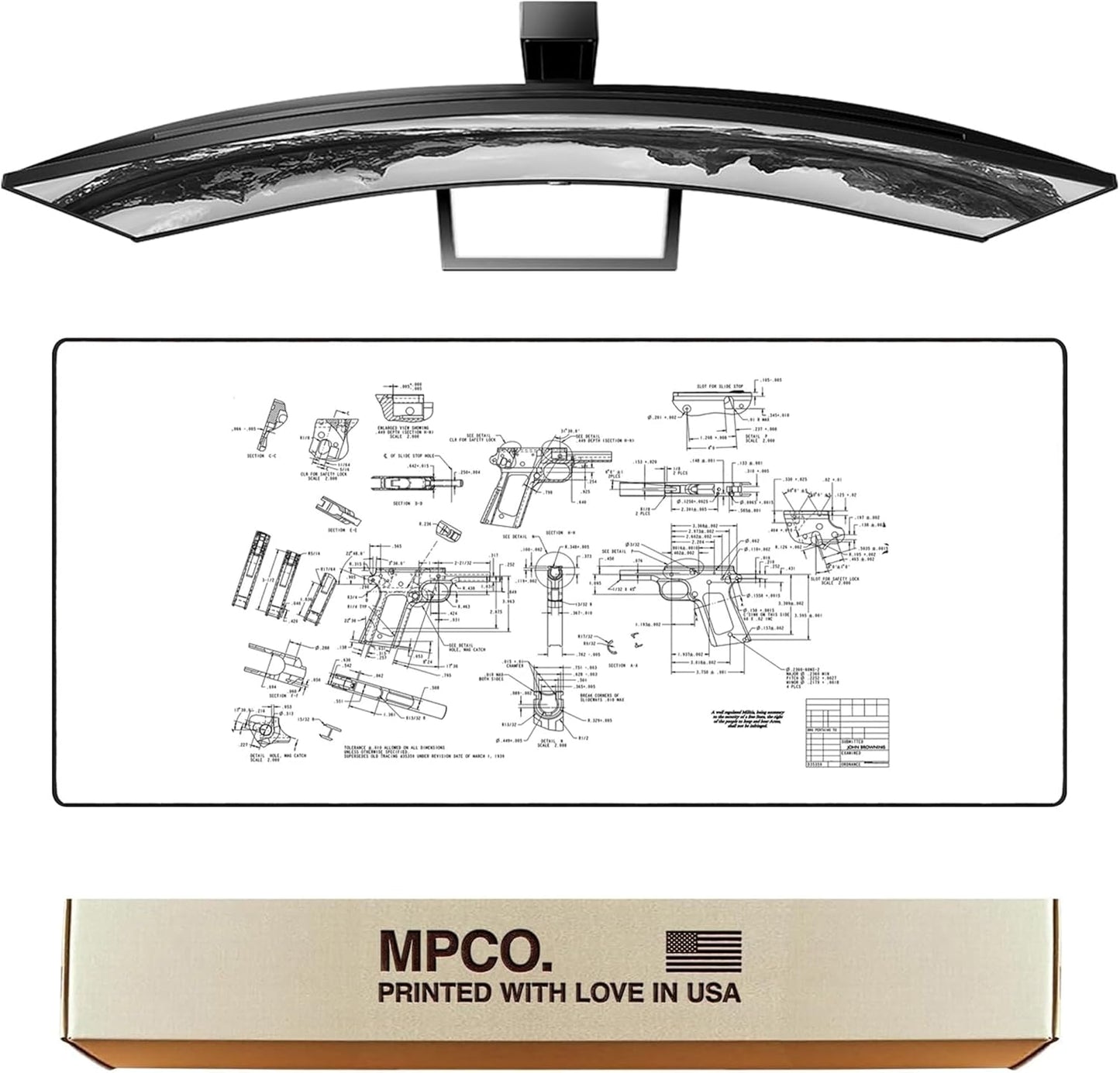 MPCO. Blueprints Large Gaming Desk Pad - 36" x 17" Duraglyde Fabric Browning 1911 – White Desk Mats - Non-Slip, Washable, Smooth Glide for Precision Gaming & Work