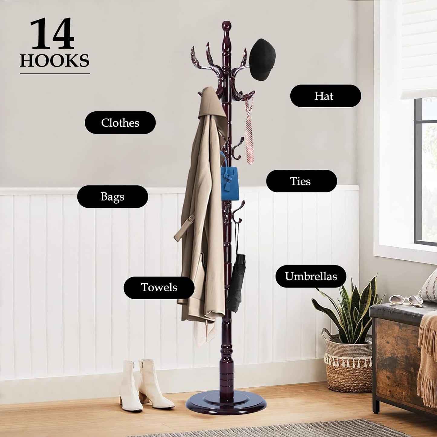 Wood Coat Rack Freestanding, Natural Coats Tree Stand with 14 Hooks, 73" Sturdy and Easy Assembly Coat Rack Stand for Entryway, Hallway, Bedroom, Bags, Hats (Heavy-duty Disc Base, Royal Claw)