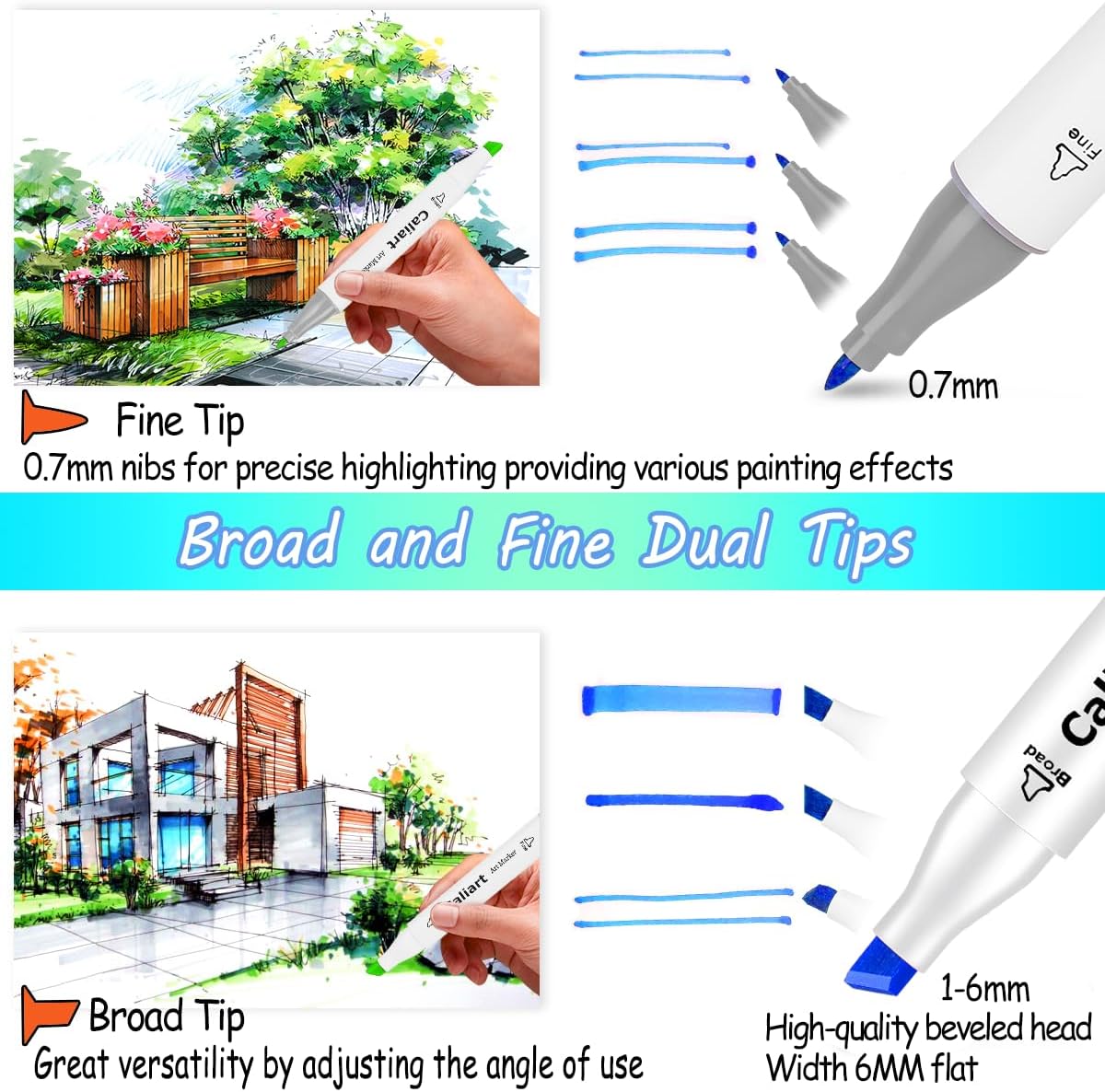 Caliart 81 Colors Alcohol Based Markers, Dual Tip Permanent Artist Art Sketch Markers for Adult Kid Coloring Book, Illustration Painting Card Making, Bonus 1 Colorless Alcohol Marker Blender