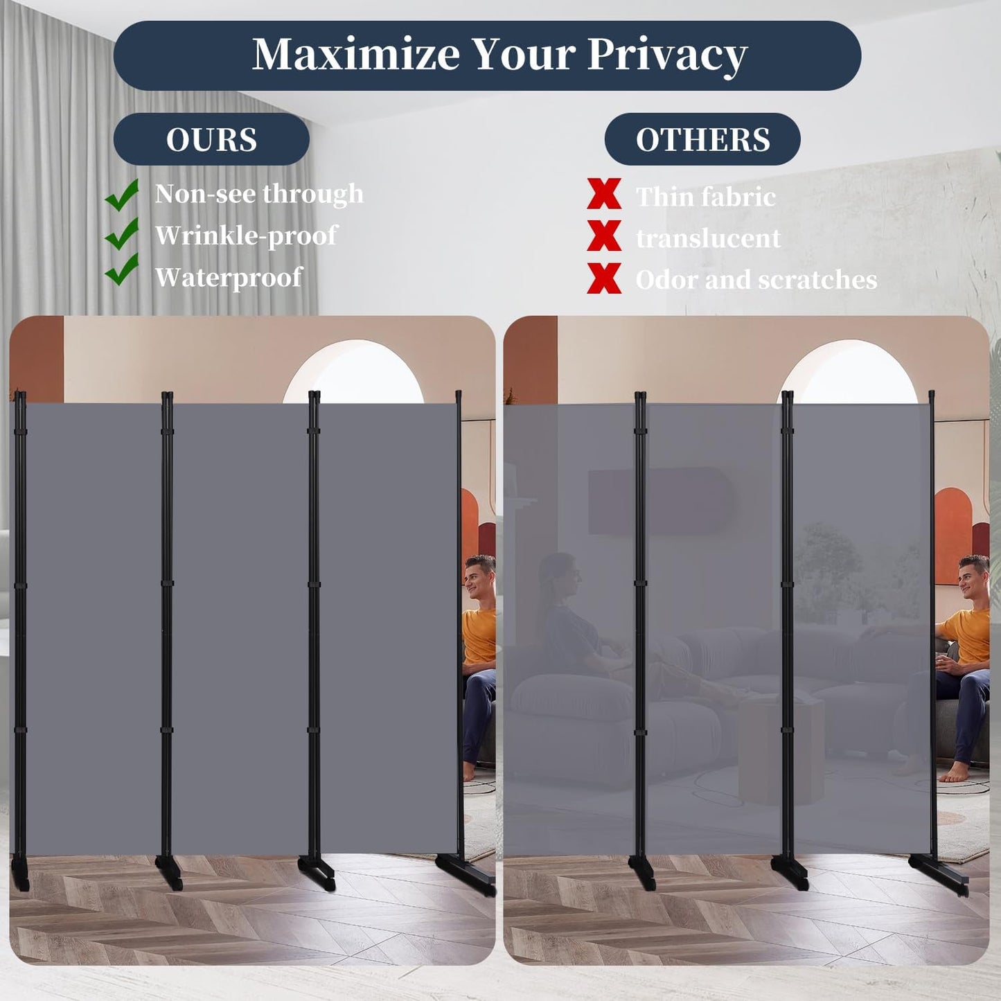 Room Divider Folding Privacy Screens with Lockable Wheels, 132'' Fabric Partition Room Dividers Freestanding Room Divider Panel for Room Separation, Wall Divider for Home Office Bedroom Studio Decor
