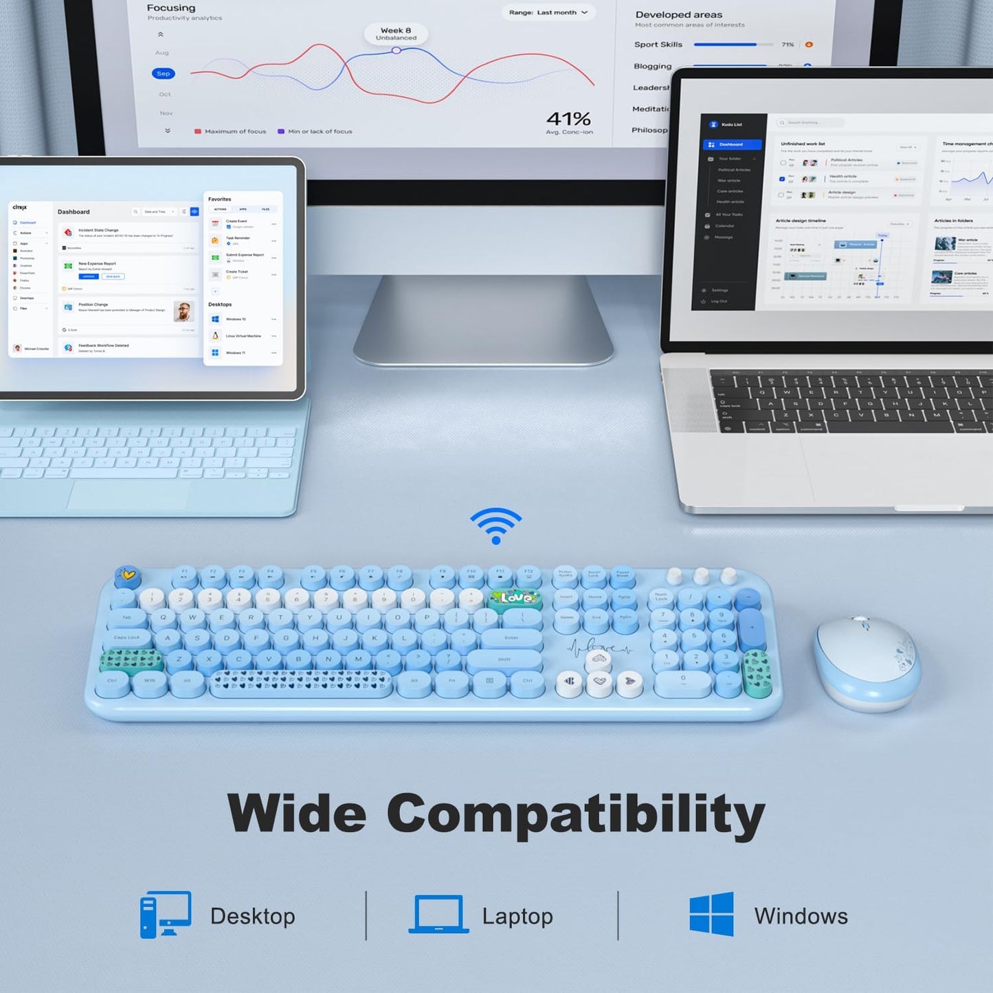 MOFII Wireless Keyboard and Mouse Combo, Full Size 2.4G Plug and Play Typewriter Retro Round Computer Keyboard and Mouse Set for Windows, Computer, Desktop, PC, Notebook - (Blue Colorful)