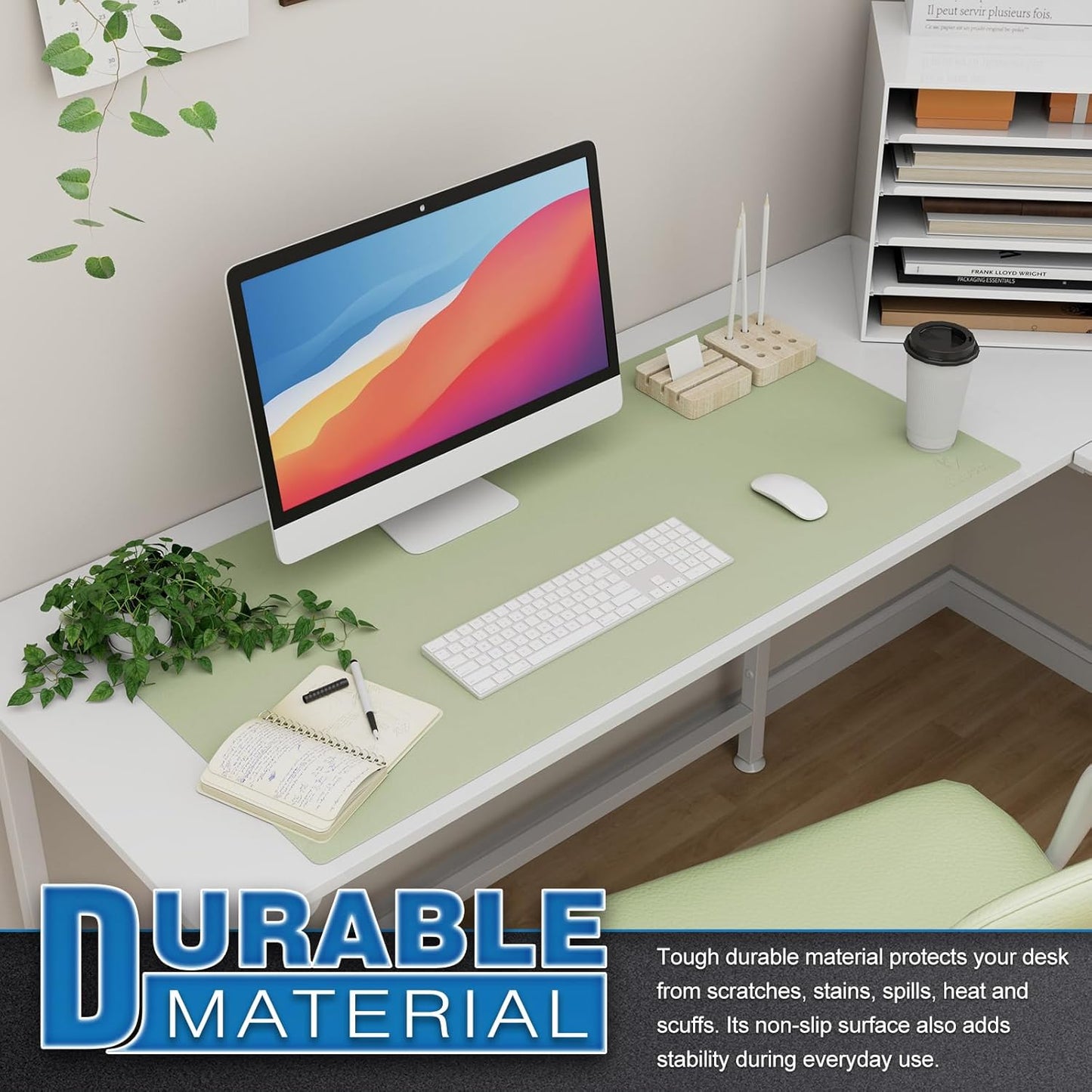 K KNODEL Large Office Leather Desk Mat, Mouse and Keyboard Pad, Computer and Laptop Mat, Desktop Protector and Cover, Writing Pad and Blotter (35.4"x17", Light Green)