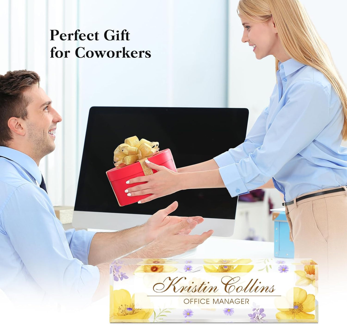 Custom Name Plate for Desk, Acrylic Office Decor For Women Men, Personalized Office Desk Accessories, Teacher Employee Appreciation Gifts For Social Worker Boss Coworkers (Flowers-4)