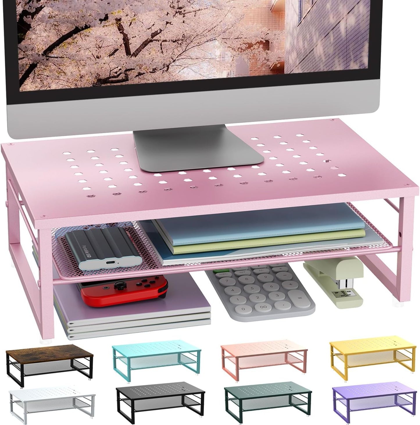 Gianotter 2-Tier Metal Monitor Stand Riser, Workspace Organizer with Desk Accessories, Office Storage for Supplies (Pink)