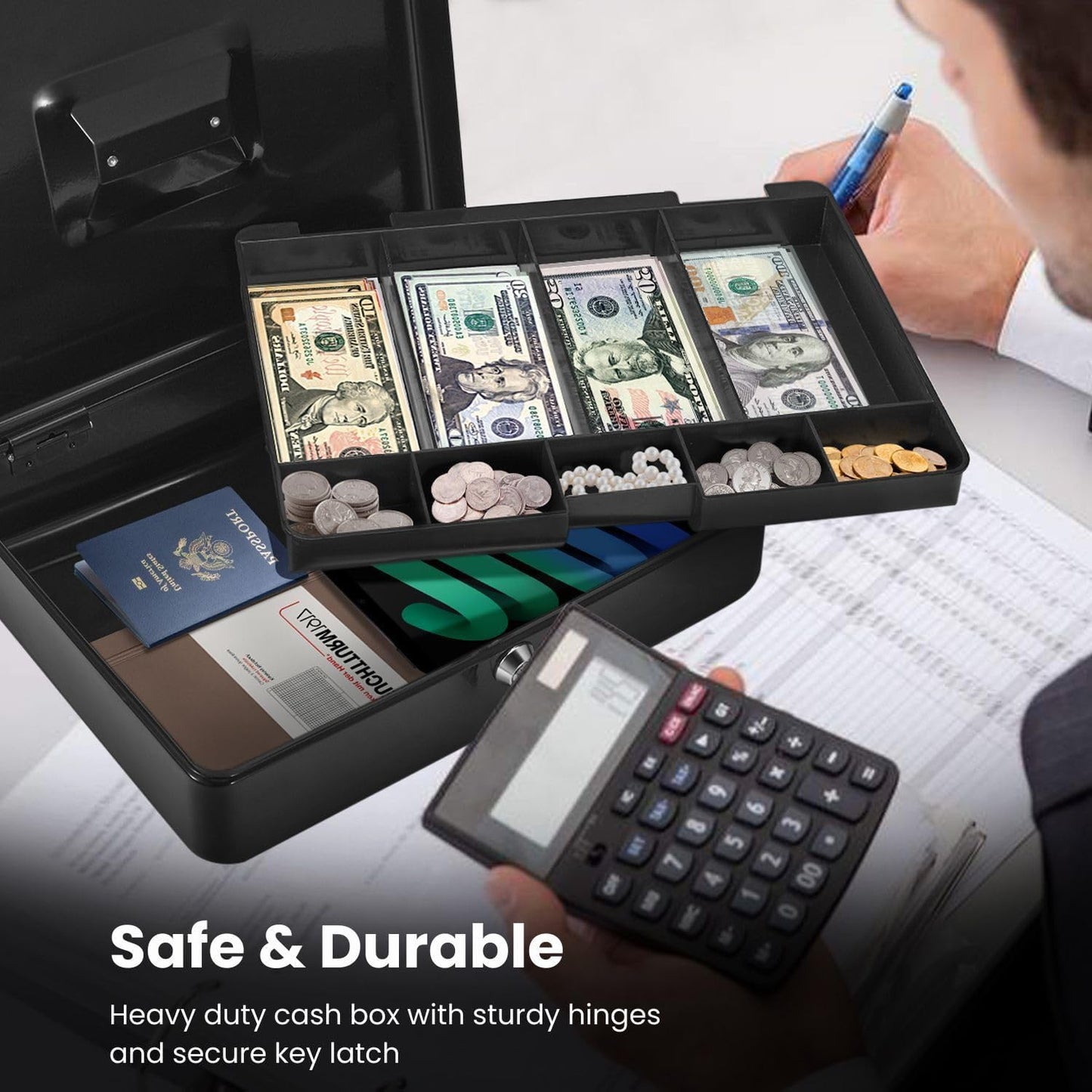 Flexzion Cash Box with Money Tray and Lock - Metal Cash Box for Small Businesses, 9-Compartment Black Money Box with Removable Tray and Key, Portable Storage for Checks and Coins