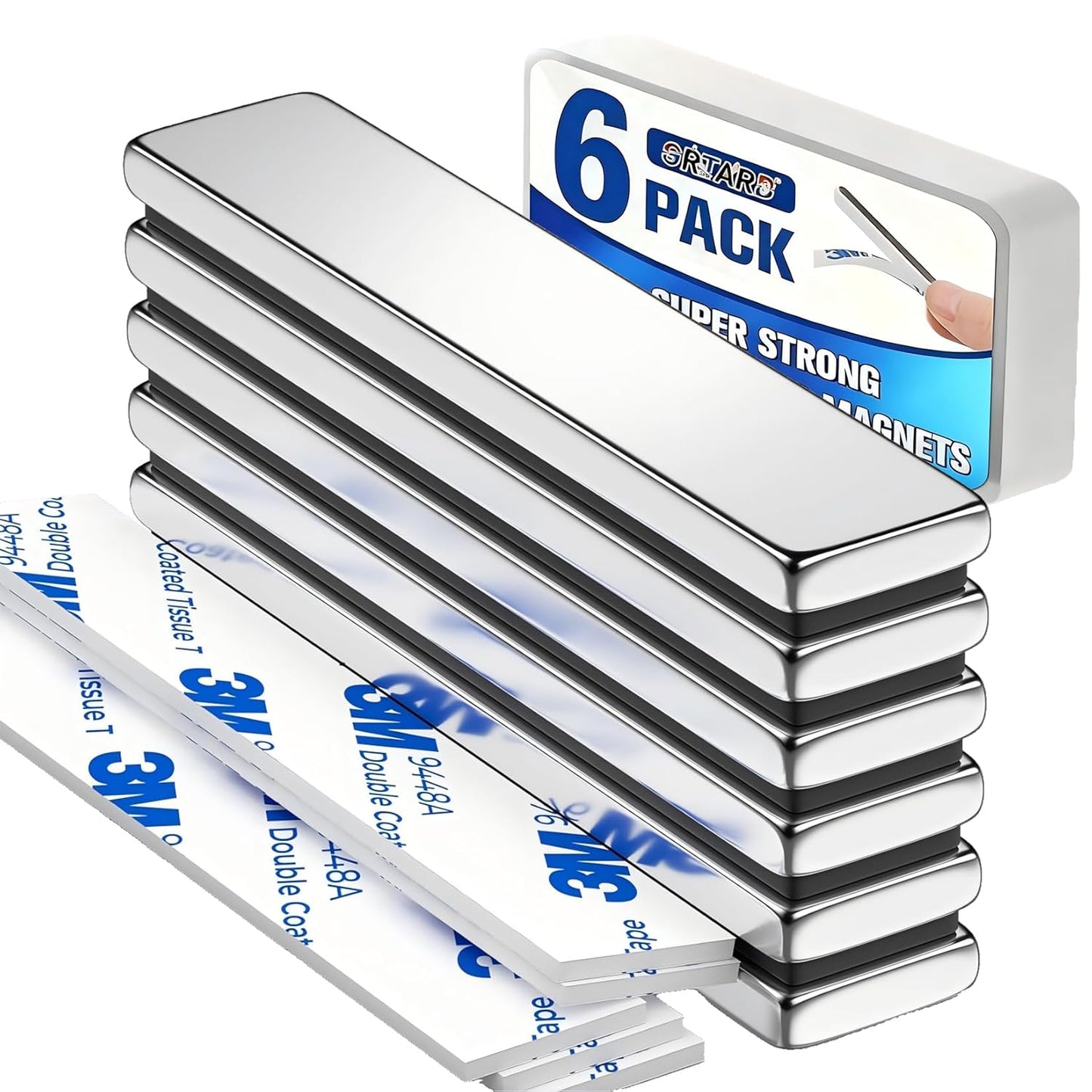 Grtard 6 Pack Super Strong Neodymium Magnets, Powerful Rare Earth Neodymium Bar Magnets, Heavy Duty Magnet Bar with Double-Sided Adhesive for Garage, Kitchen, Science, Craft, Office, DIY - 60x10x3mm