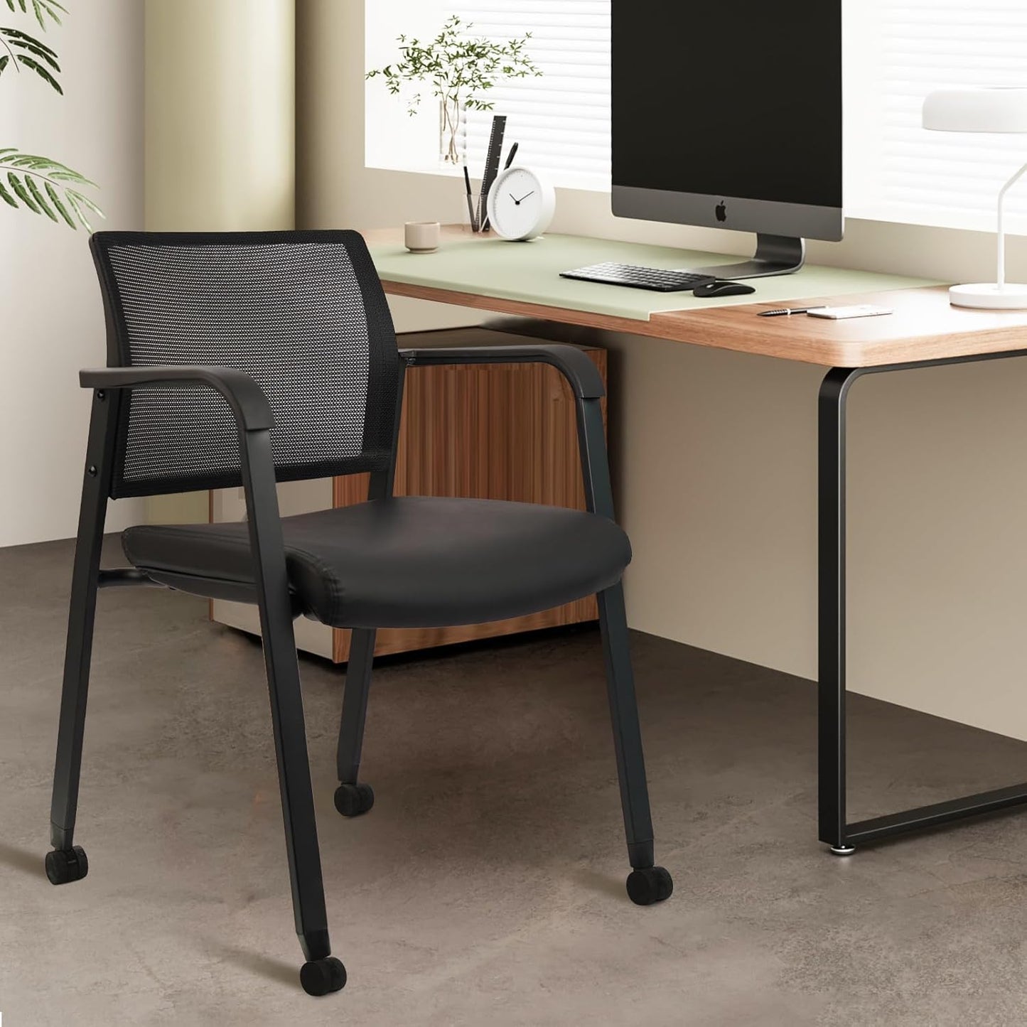 CLATINA Stacking Office Chair with Wheels, Mesh Back Waiting Room Guest Chairs with Arms Comfortable Leather Cushion Stackable Desk Chair for Conference Reception School Side Stationary, Black