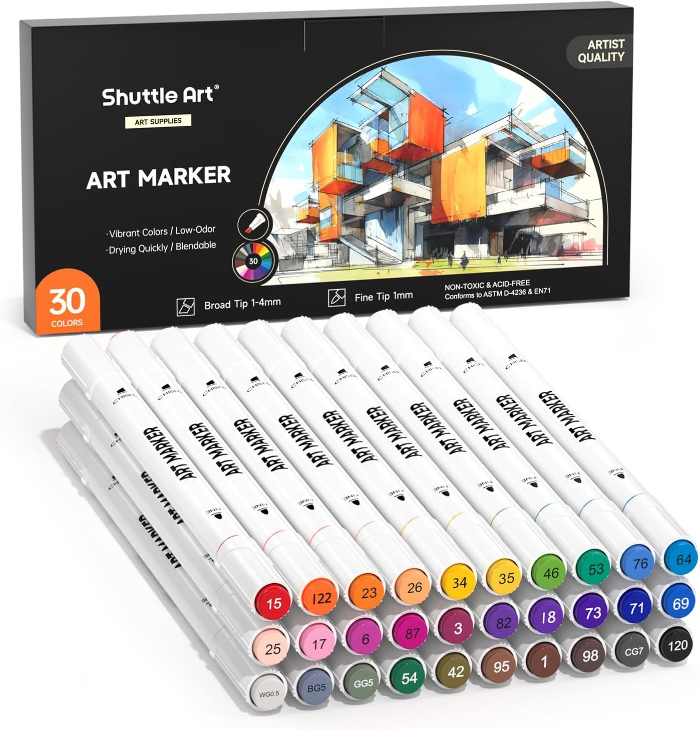 Shuttle Art 30 Colors Dual Tip Art Markers Permanent Marker Pens Highlighters Perfect for Illustration Adult Coloring Sketching and Card Making