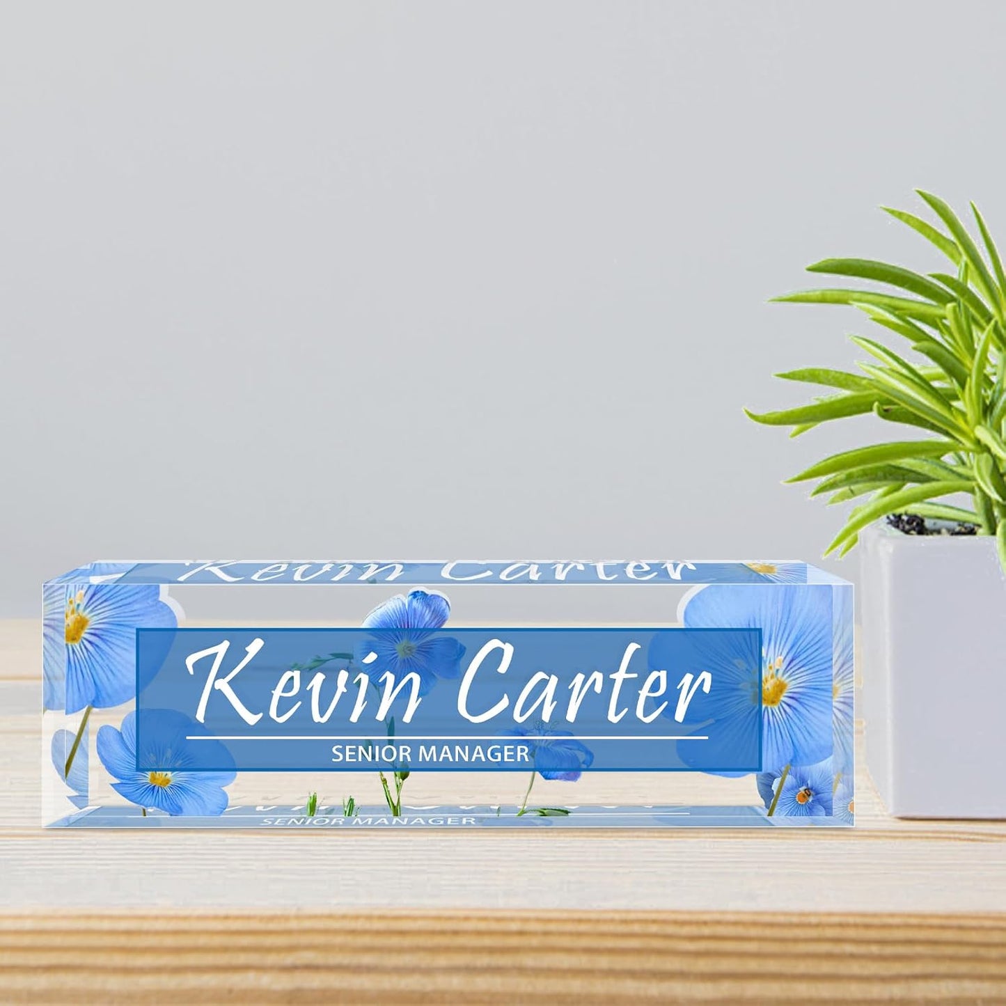 Name Plate for Desk Personalized, Acrylic Desk Decorations, Employee Appreciation Gifts, Custom Office Gifts for Coworkers, Boss, Teacher, Nurse (Blue Flowers)