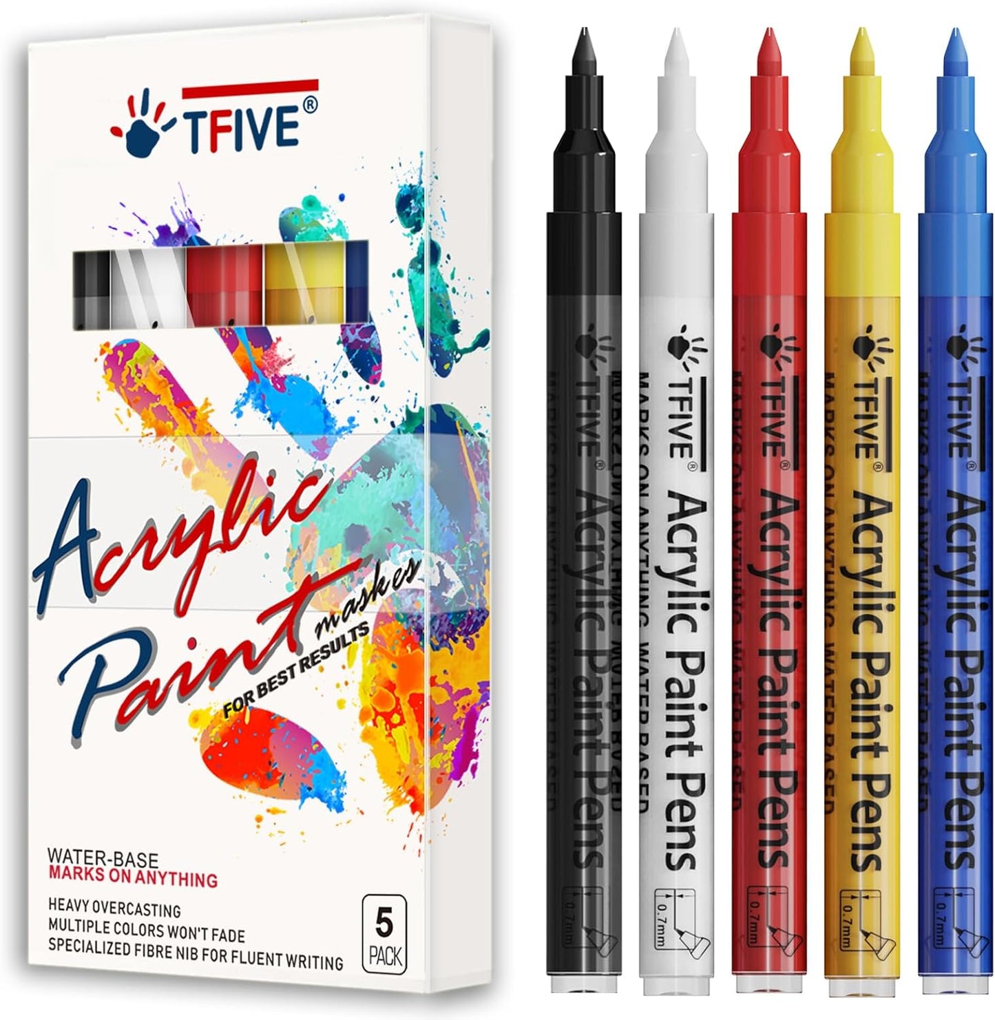 TFIVE Paint Marker Pens - 5 Colors Acrylic Permanent Marker, 0.7mm Extra Fine Tip for Art Projects, Drawing, Rock Painting, Ceramic, Glass, Wood, Plastic, Metal, Canvas DIY Crafts