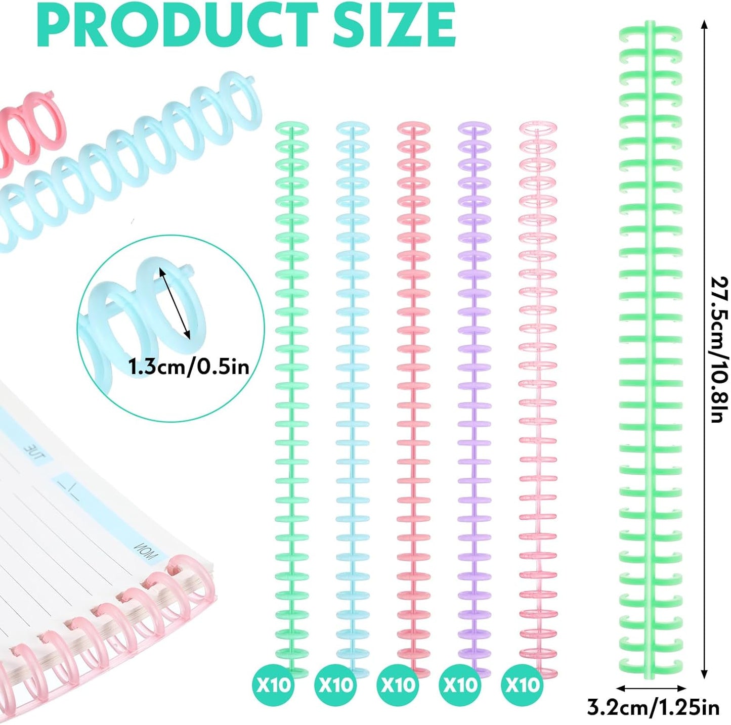 50 Pcs Plastic Binding Combs 1/2" Diameter 30 Ring Comb Binding Spines for Document Organization－85 Sheet Capacity（Multi-Color）