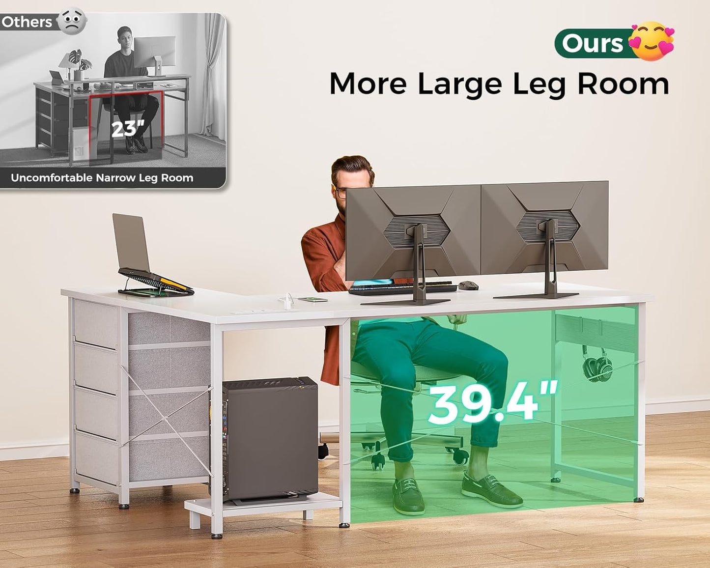 Casaottima L Shaped Desk with 4 Tier Drawers, 53" Gaming Desk with Power Outlets & USB, Reversible L-Shaped Computer Desk with CPU Stand, Home Office Corner Desk with Storage, Easy Assemble, White