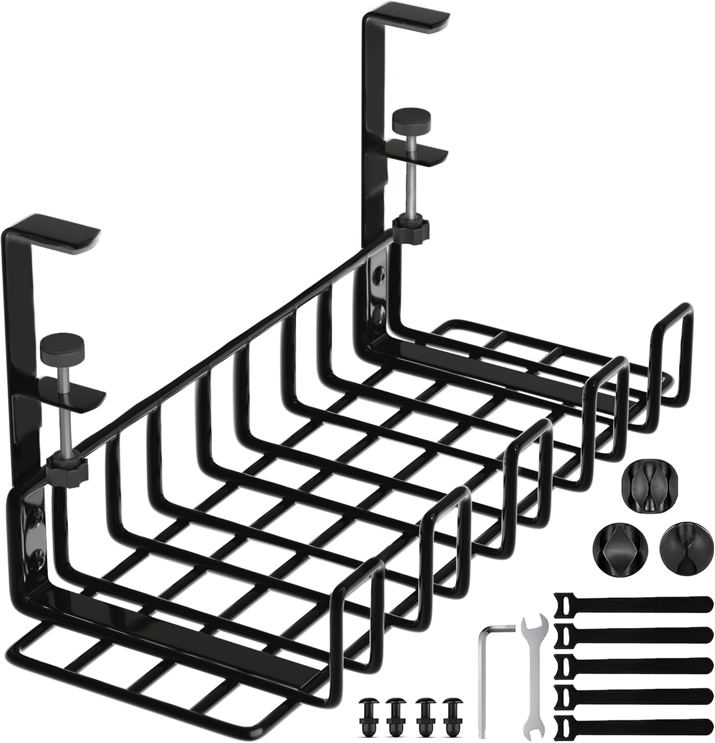 Under Desk Cable Management Tray, 16” No Drill Cord Organizer with Clamps for Wire Management, 4mm Sturdy Wire Desk Cable Organizer Tray, Cable Management Rack for Office