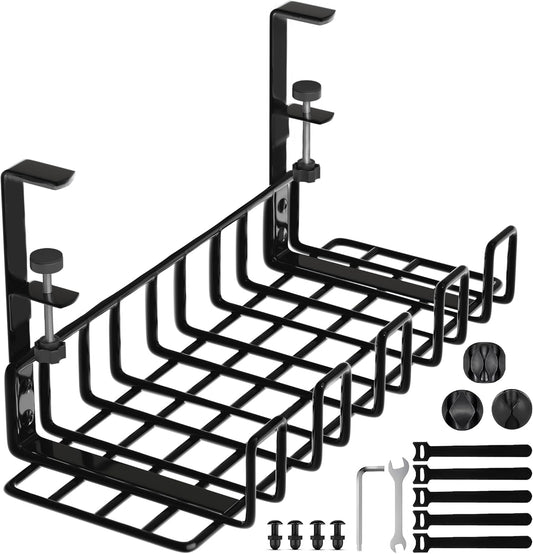 Under Desk Cable Management Tray, 16” No Drill Cord Organizer with Clamps for Wire Management, 4mm Sturdy Wire Desk Cable Organizer Tray, Cable Management Rack for Office