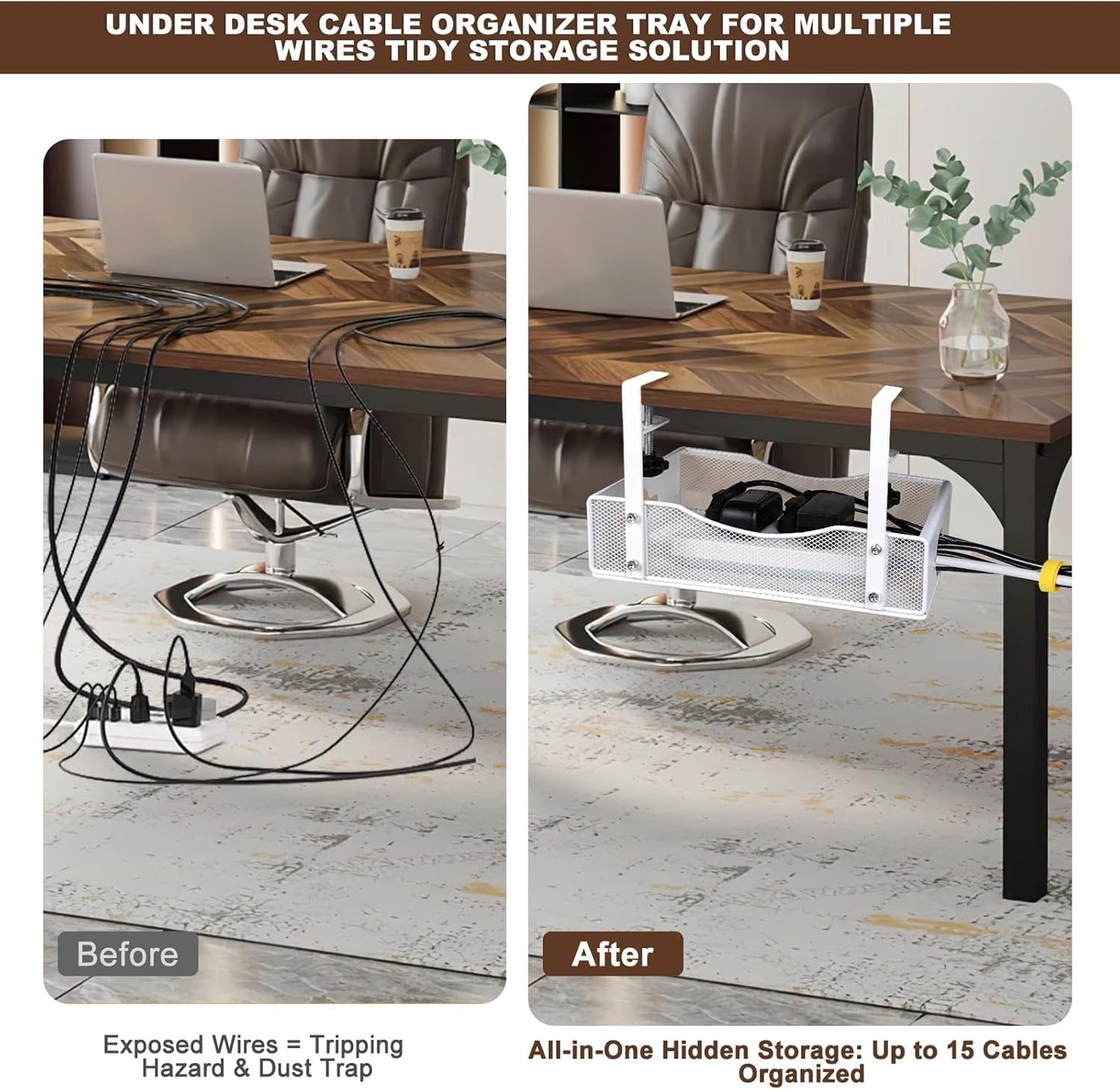 Extra Wide 7inch Under Desk Cable Management - No Drill Installation Cable Management Tray, Modern Cord Organizer for Office/Home Desk