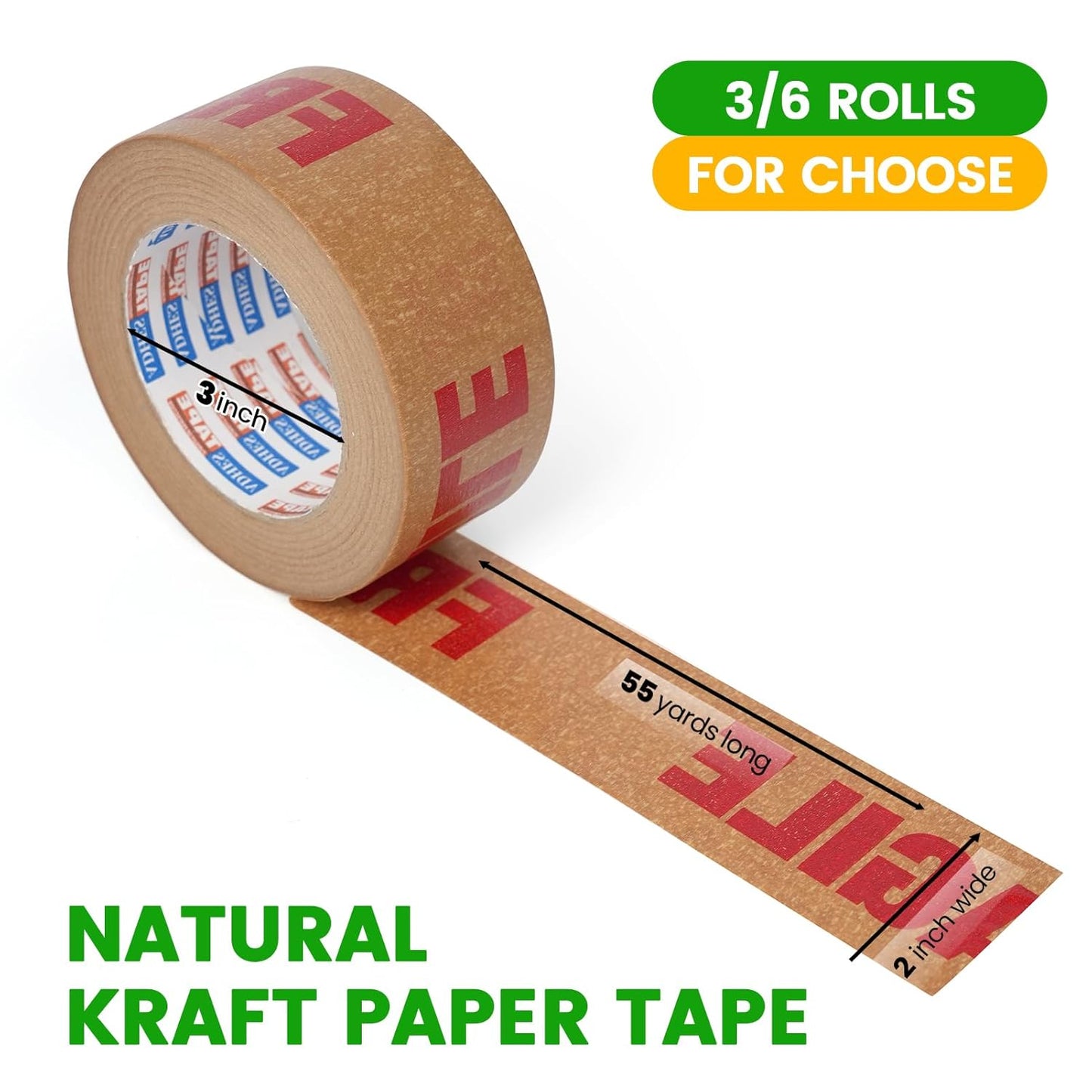 ADHES Fragile Tape, Biodegradable Kraft Paper Tape - 2in x 55yds, 3 Rolls, Strong Adhesive, Eco-Friendly Paper Packing Tape for Shipping & Moving, Heavy Duty Protection for Fragile Items