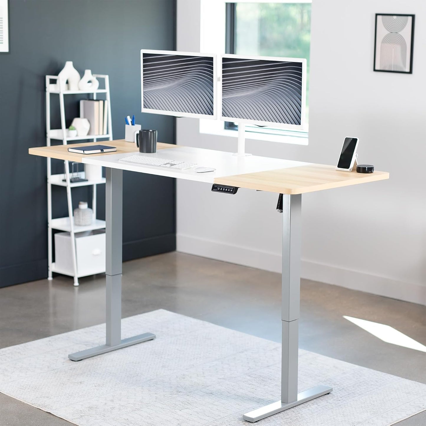VIVO Electric 71 x 30 in Standing Desk, Memory Height Adjustment, 1B Series, White and Light Wood, Top Gray Frame, DESK-KIT-1G7WC
