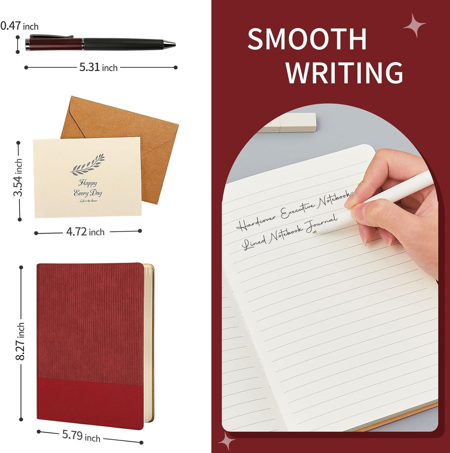 A5 Lined Notebook with Pen & Gift Box 216 Pages PU Leather Journals for Women Men 100GSM Thick Paper College Ruled Notebook for School,Travel,Business,Work,Home Writing (A5 Lined 216pages, Red - Gift Box Set)