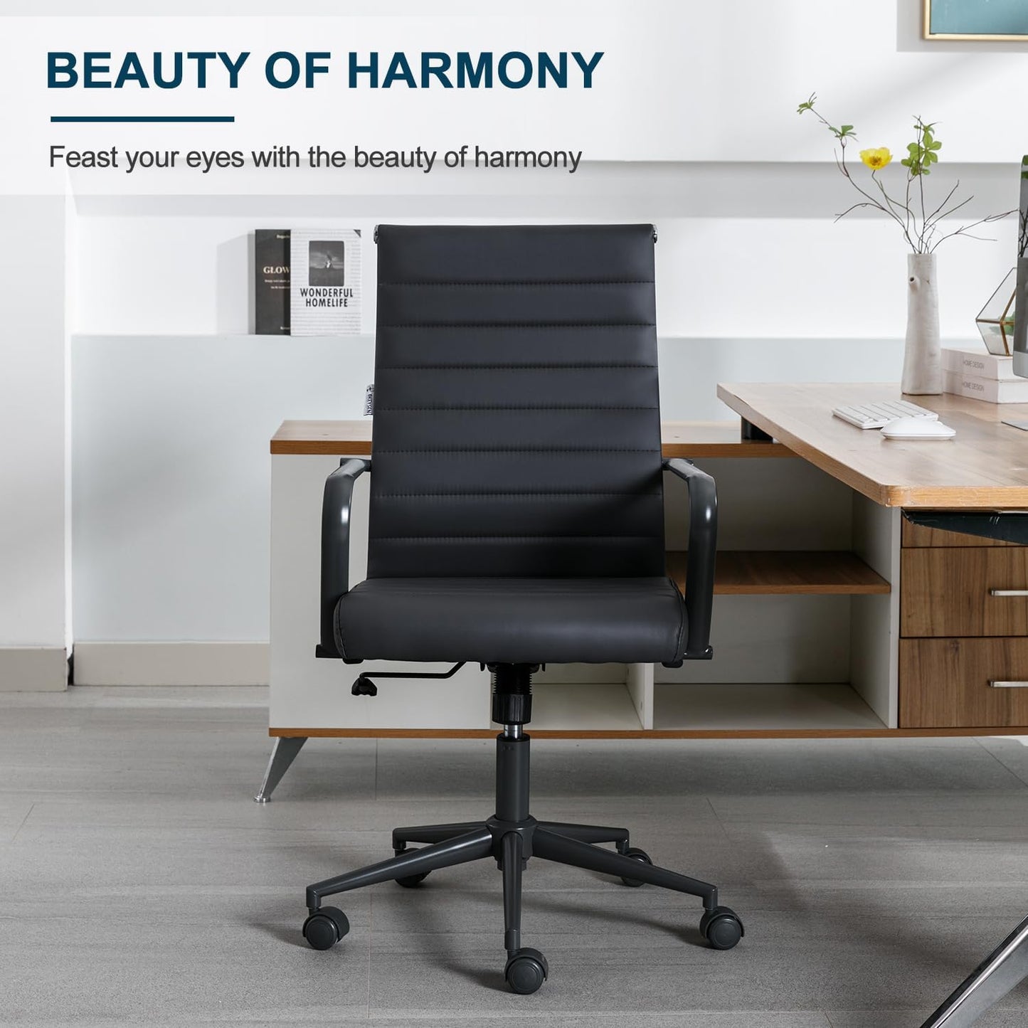 Okeysen Office Desk Chair Conference Room Chairs Modern Ergonomic Executive Swivel Chair Adjustable Height PU Leather Home Desk Chairs with Armrests Comfy Computer Task Chairs with Wheels (Black)