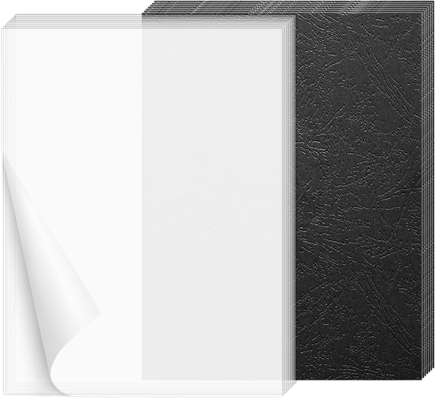100 Pack Binding Covers Set, 8.5x11 Inches, Including 50 Pcs 5 Mil Clear PVC Binding Covers, 50 Pcs 12 Mil Black Paper Leather Textured