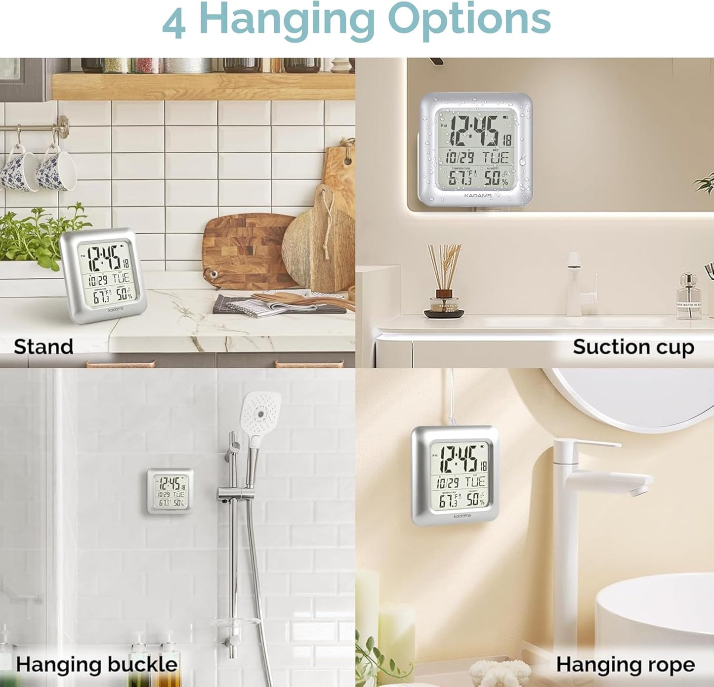 KADAMS Bathroom Clock 9.5" Kitchen Wall Clock with Large LCD Screen – Shower Clock with Suction Cup,Temperature, Humidity, Calendar – Water-Resistant, 4 Mounting Options, White