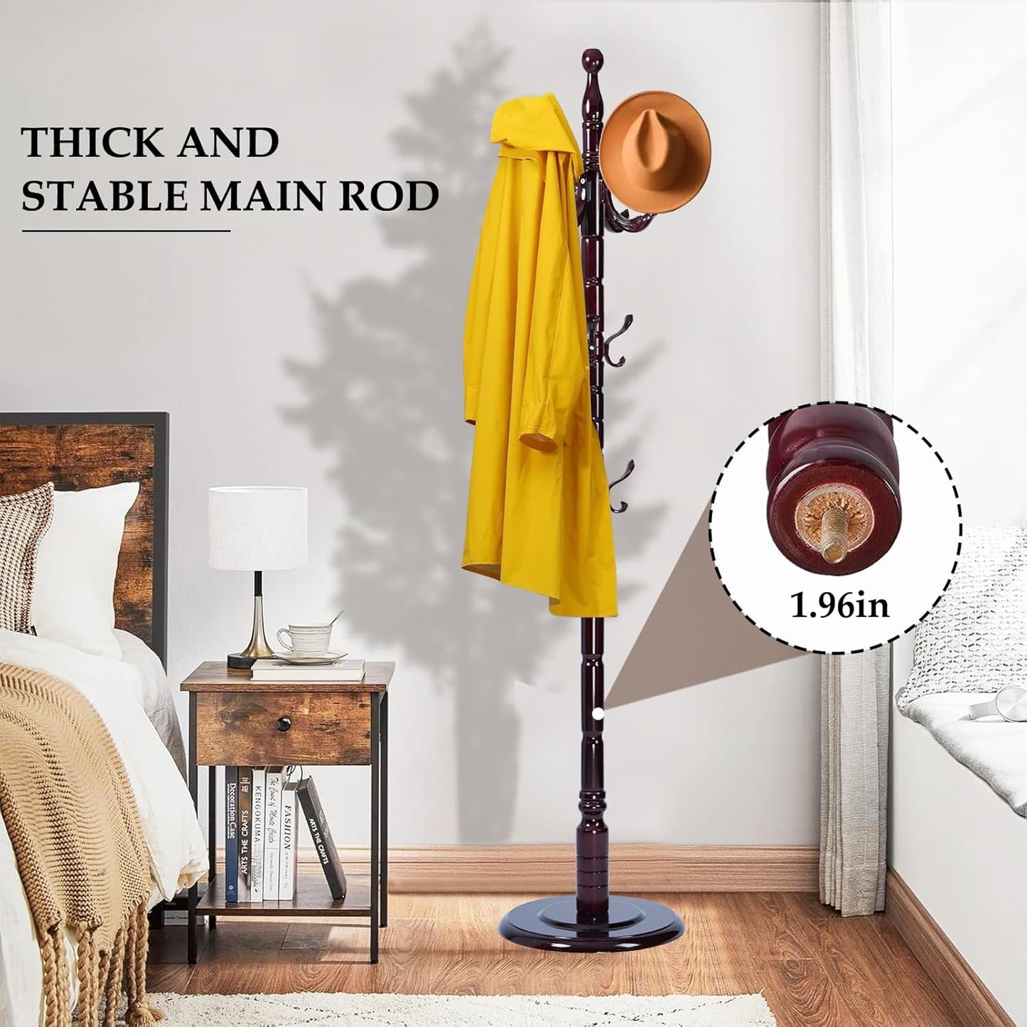 Wood Coat Rack Freestanding, Natural Coats Tree Stand with 14 Hooks, 73" Sturdy and Easy Assembly Coat Rack Stand for Entryway, Hallway, Bedroom, Bags, Hats (Heavy-duty Disc Base, Royal Claw)