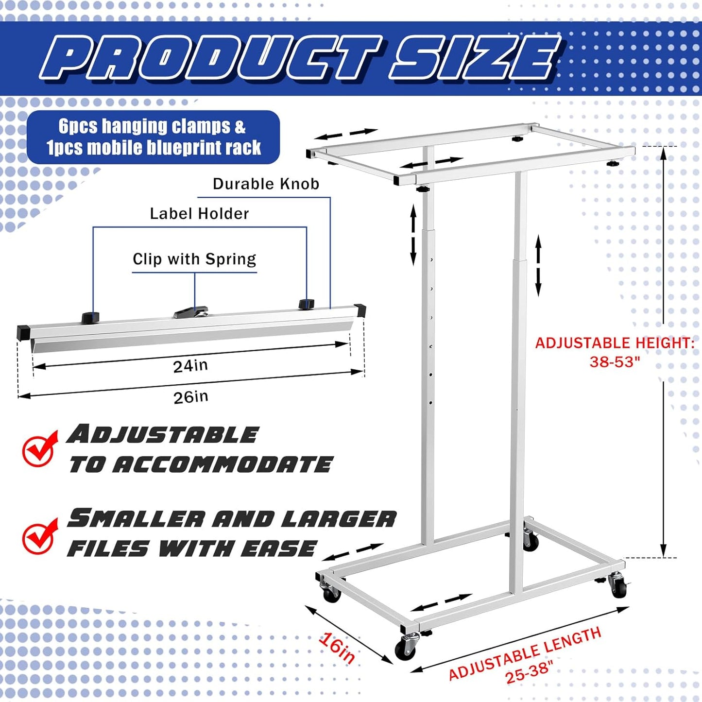 Mobile Blueprint Storage Rack Adjustable Holder with 6 Pcs Blueprint Clamps 4 Wheels Storage Organizer Stand for File Display Plan Office Home(24 Inch)