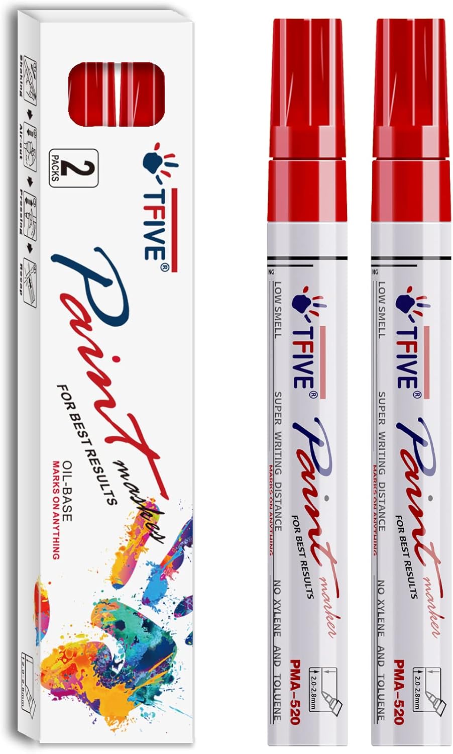 TFIVE Red Permanent Paint Marker Pens - 2 Count Oil Based Marker Pen, Medium Tip, Waterproof & Quick Dry, for Office, Art projects, Rock Painting, Ceramic, Glass, Wood, Plastic, Metal, Canvas