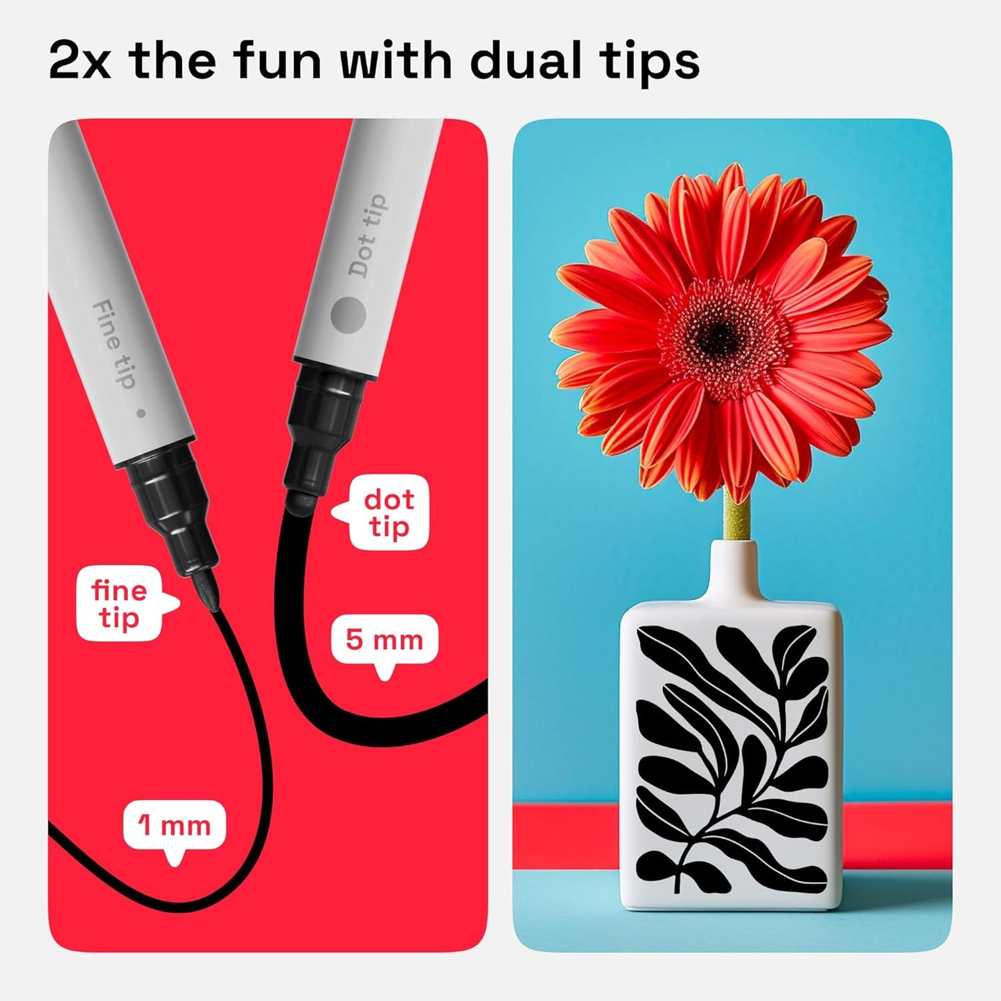 ARTISTRO 2 Black Dual-Tip Acrylic Paint Pens - Multisurface Markers for Fabric, Plastic, & More, 5mm Dot + 1mm Fine Tips