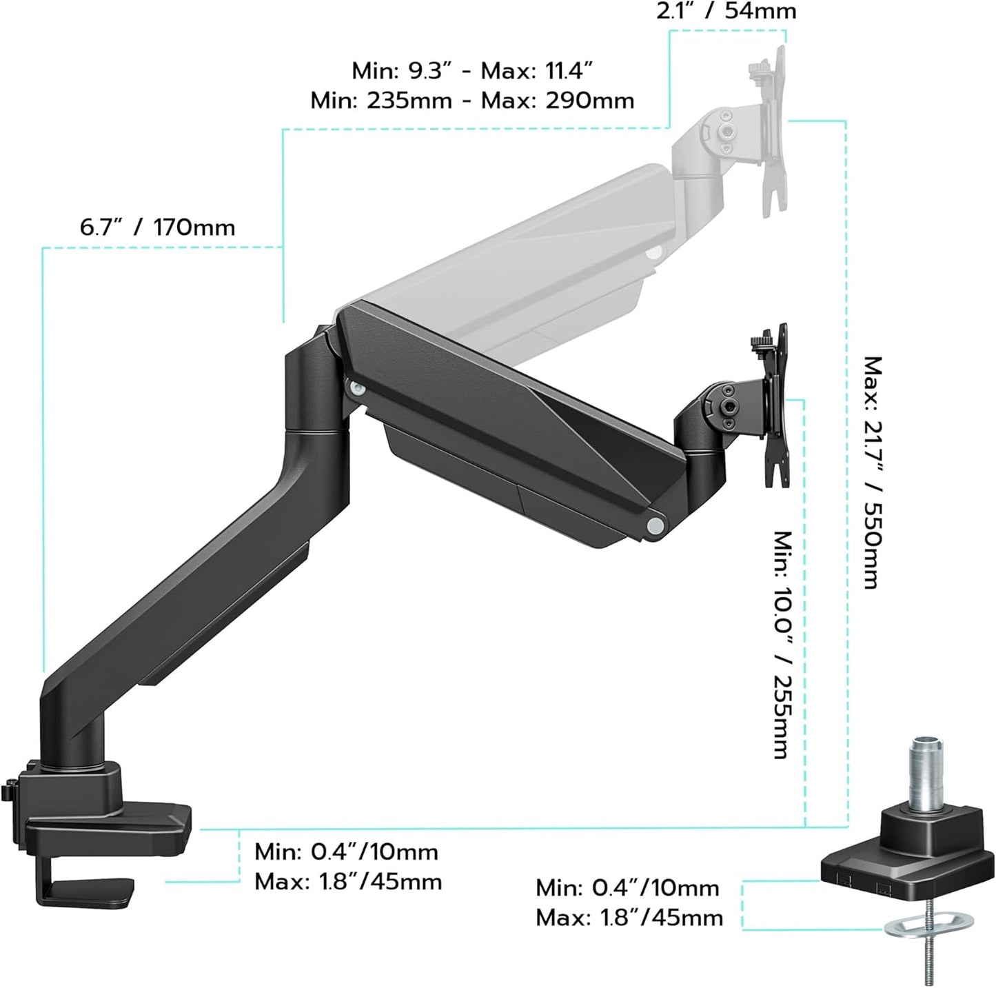ARES WING Ultrawide Monitor Arm, Heavy Duty Single Monitor Mount for 13"-49" Curved Screens, Adjustable Stand for Desk with C-clamp & Grommet Base up to 40 LBS, Black