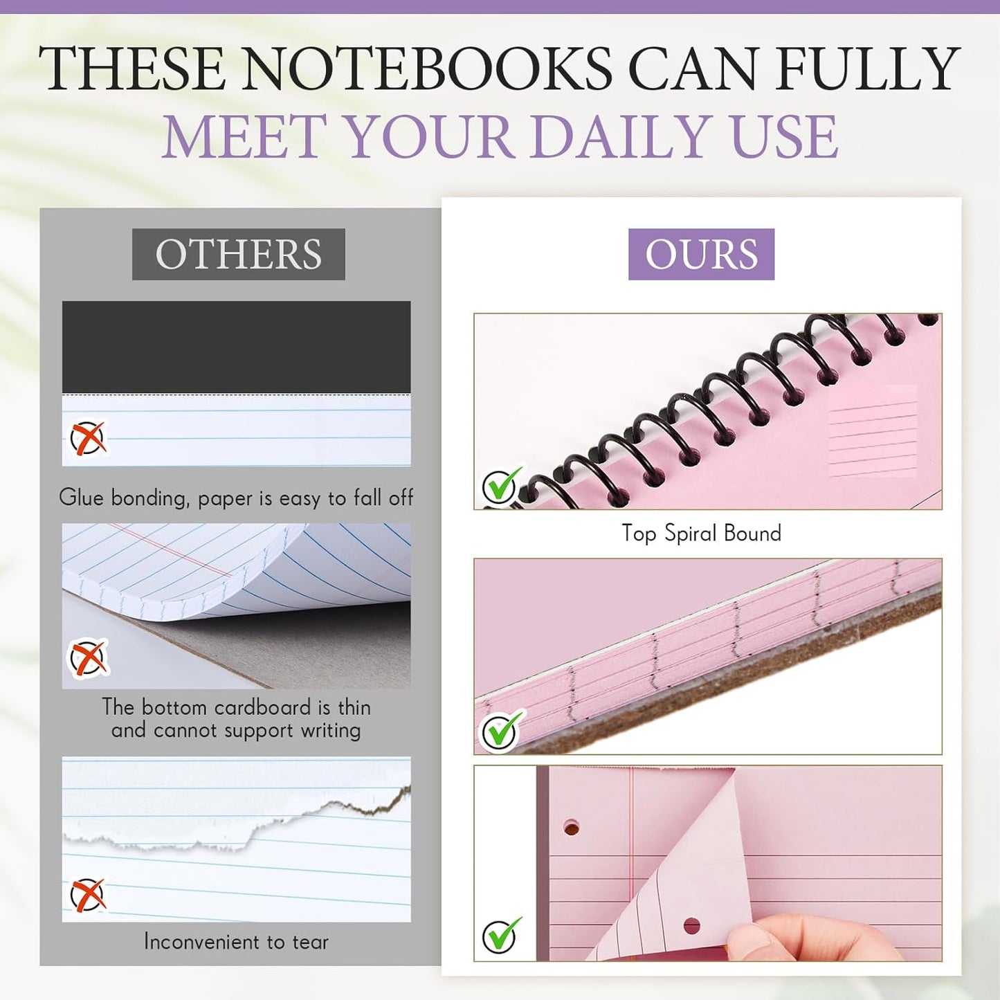 10 Packs 8.5" x 11" Top Spiral Notebook with 3 Hole Punched Legal Pads College Ruled Notepad 50 Sheets Hard Cardboard Paper Wirebound Notepad for Office School Business (Pink,Blue,Purple)