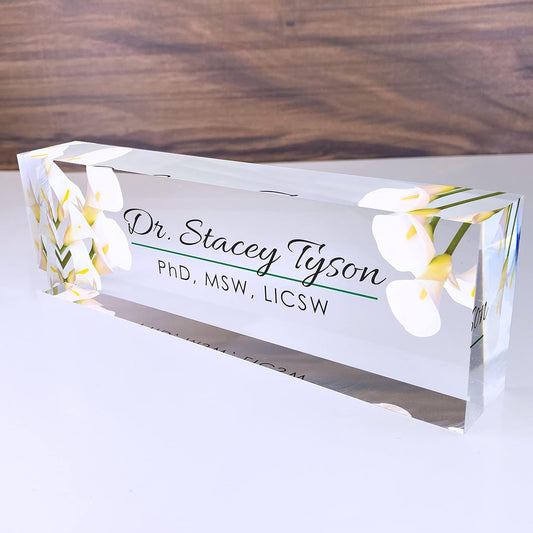 Artblox Office Desk Name Plate Personalized | Custom Name Plates for Desks | Calla Flowers Design On Clear Acrylic Glass | Office Desk Decor - (8" x 2.5")