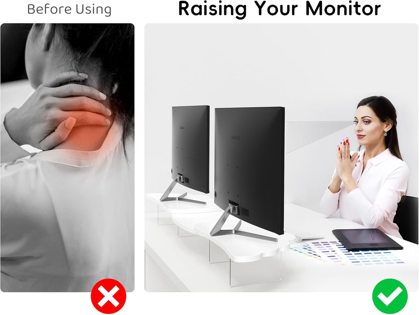 Dual Monitor Stand Riser, Wing-Shaped Sturdy Desktop Wood Stand for 2 Monitors, White Riser for Laptop, PC, Computer