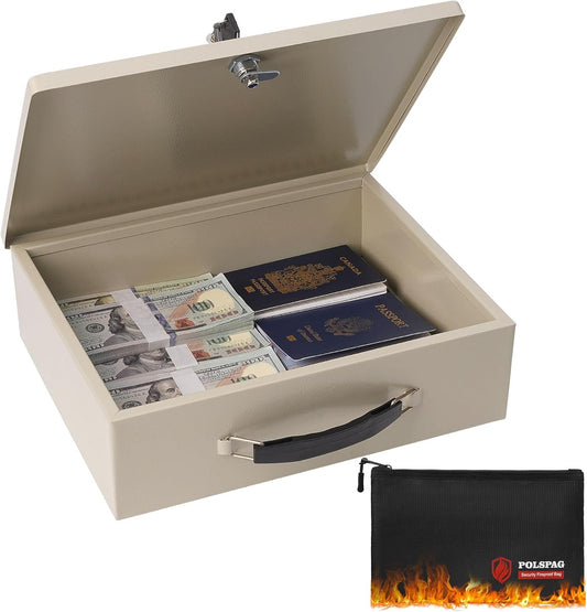 Fireproof Document Box with Key Lock & Fireproof Money Bag,Safe Storage Boxfor Valuables,Key Lock Security with Carrying Handle,Fireproof Box for Documents,Passport Extra Large (White, Large)