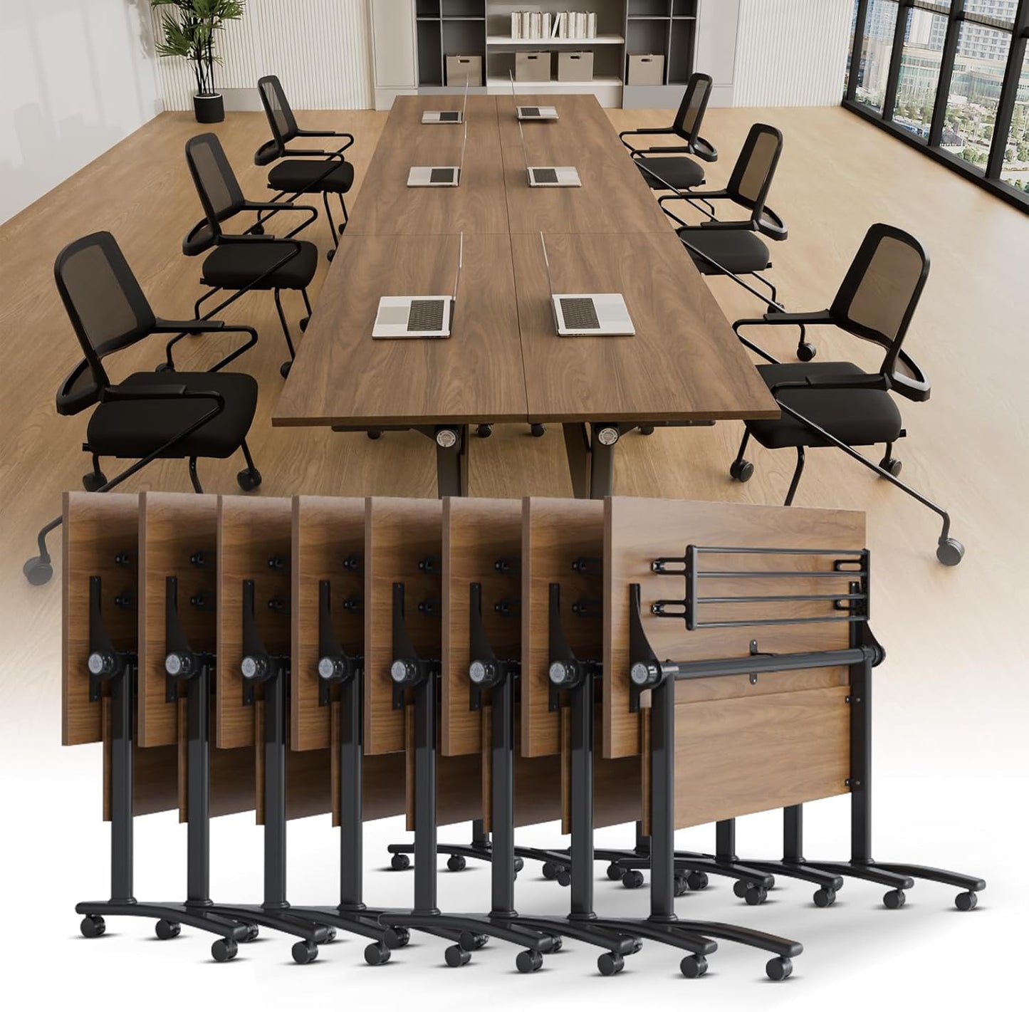 Conference Room Table with Silent Wheels, Mobile Folding Conference Table for 16 Person,Flip Top Office Training Tables with Walnuts Wood Tabletop, for School,Business Meeting Rooms (8Pack 55in)