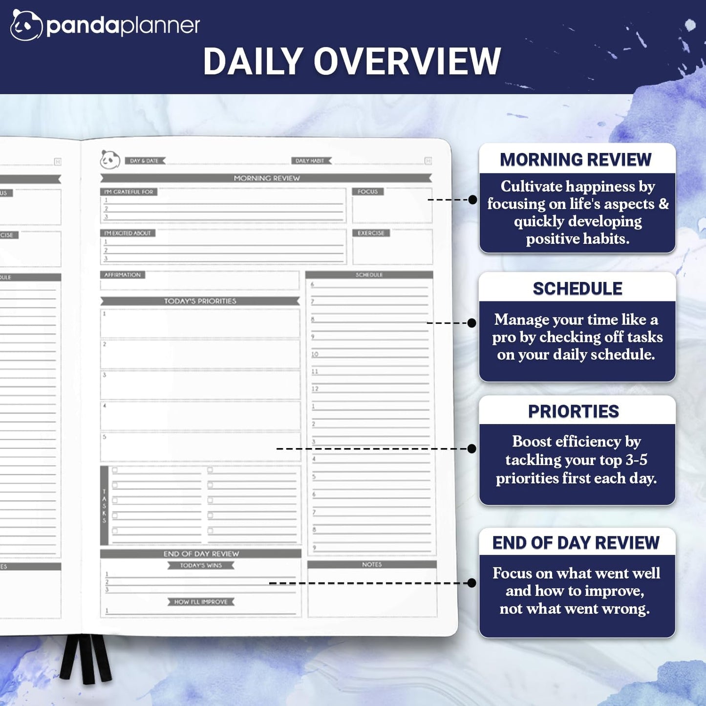Panda Planner Pro Undated Daily Planner 2025-2026 with Hourly Schedule 8.5"x11" - To Do List Notepad, Daily Journal, Goal Planner, Habit Tracker, Gratitude Journal - Home/Office Supplies - Purple