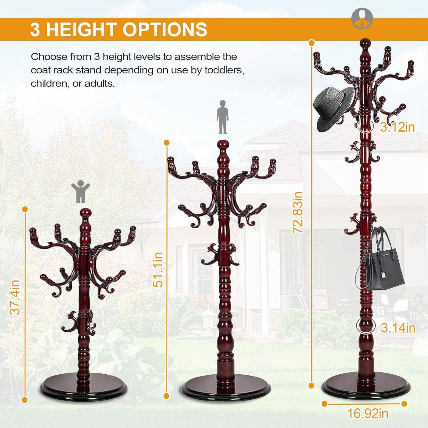 Wooden Coat Rack Free standing 18 Hooks, Vintage Coat Rack Stand for Entryway, Adjustable Height 73", Heavy Duty Coat Tree with Solid Round Base for Home Bedroom, Office (Walnut)