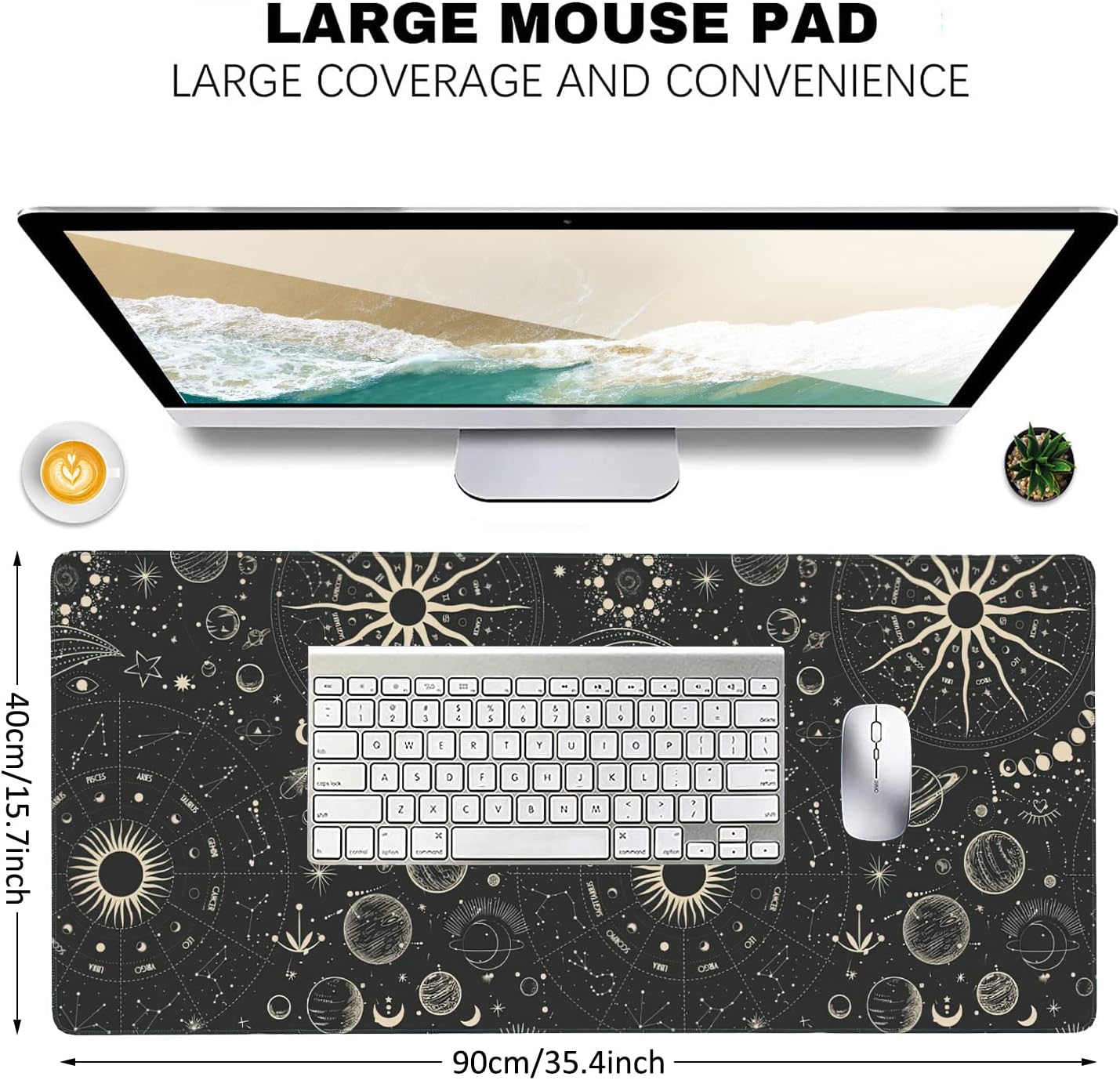 Vintage Moon Phases Extended Gaming Mouse Pad Large Desk Mat with Non-Slip Rubber Base and Stitched Edges,Keyboard Mouse Mat Desk Pad for Work,Game,Office,Home 35.4 * 15.7 Inch