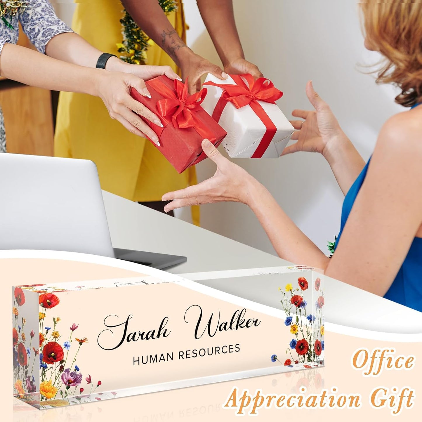 Name Plate for Desk, Desk Name Plate Personalized, Flowers Office Decor for Women Men, Acrylic Desktop Accessories, Office Gifts for Boss Nurse Teacher Coworker, Employee Appreciation Gift (Pink/Blue)