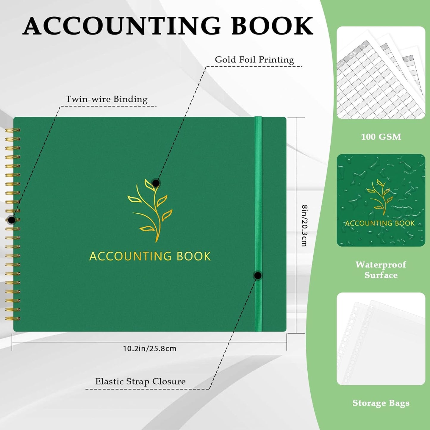 Accounting Ledger Book for Small Business & Personal Use, Horizontal Expense Tracker Notebook Ledger Book for Bookkeeping, Financial Income and Expense Log Book 10.2" x 8", Dark Green