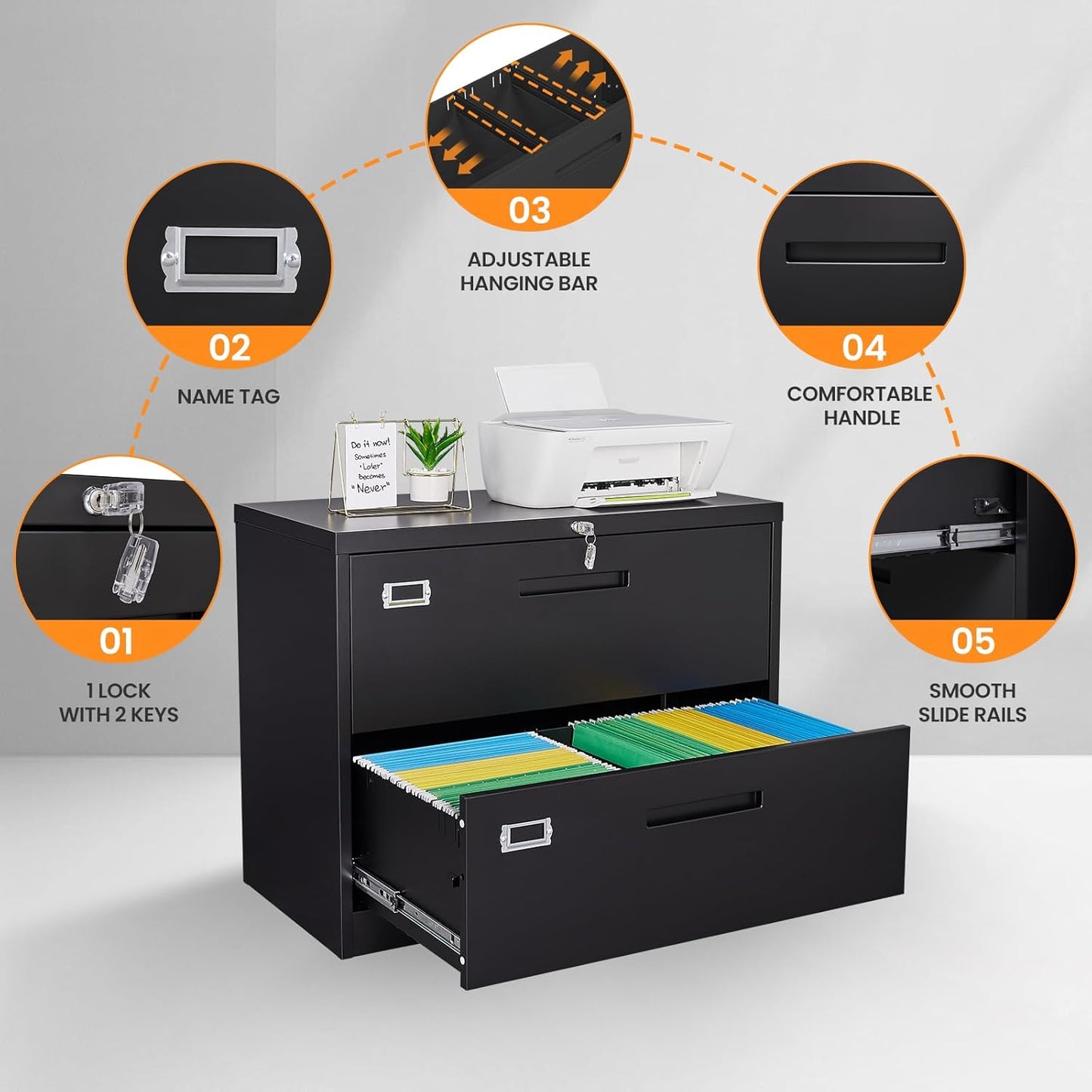 2 Drawer File Cabinets for Home Office, Metal Filing Cabinet with Lock, Black Locking File Caninet Two Drawer, Office Storage Caninets Steel Cabnet for Letter/Legal/A4/F4-Assembly Required