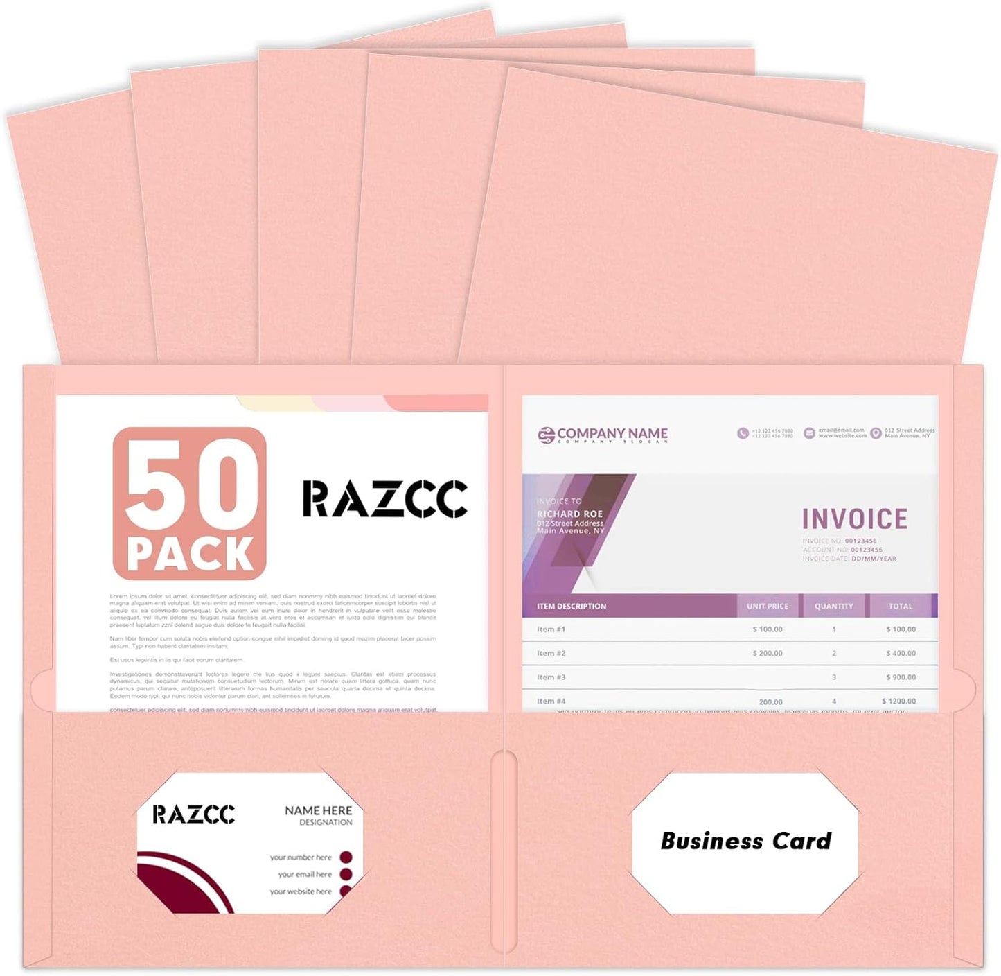 Two Pocket Folders, RAZCC 50 Pack 2 Pocket Folders Fit Letter Size Paper, Paper Folders with Pockets for School Office Business Home (Pink)