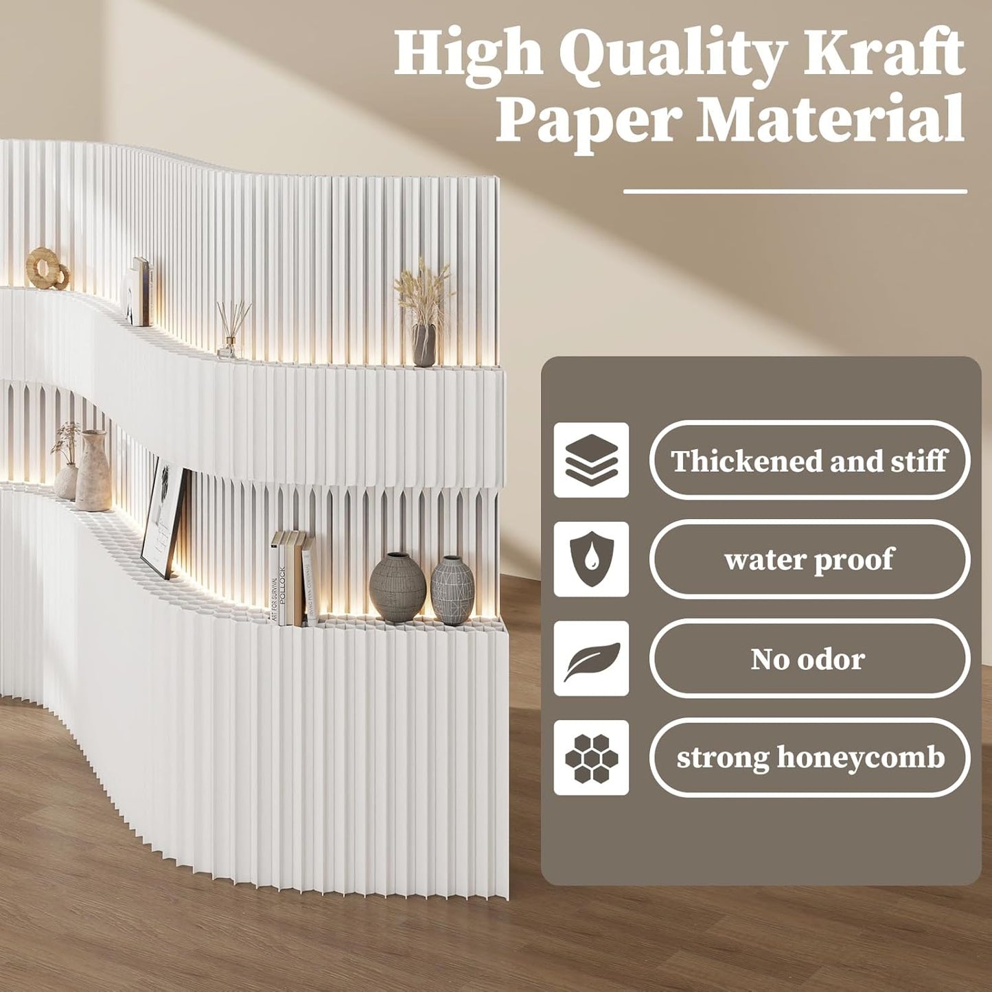 6.9FT Paper Room Divider with LED Light, Folding Privacy Screens with Storage Shelf,Portable Partition Wall for Exhibitions, Salons,Home Office Entrances,Retail Displays-L98.4’’*W13.8’’ *H82.6’’