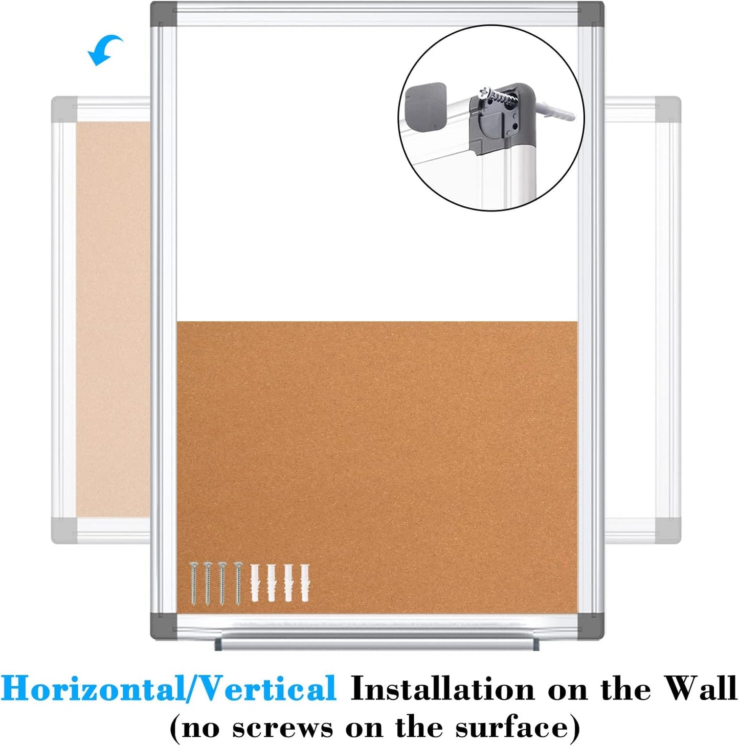 WALGLASS Combination Magnetic Whiteboard & Corkboard, 24"x18" Combo for School, Office & Home, Dry Erase Board with Removable Tray, Pins, Eraser, Markers & Magnets