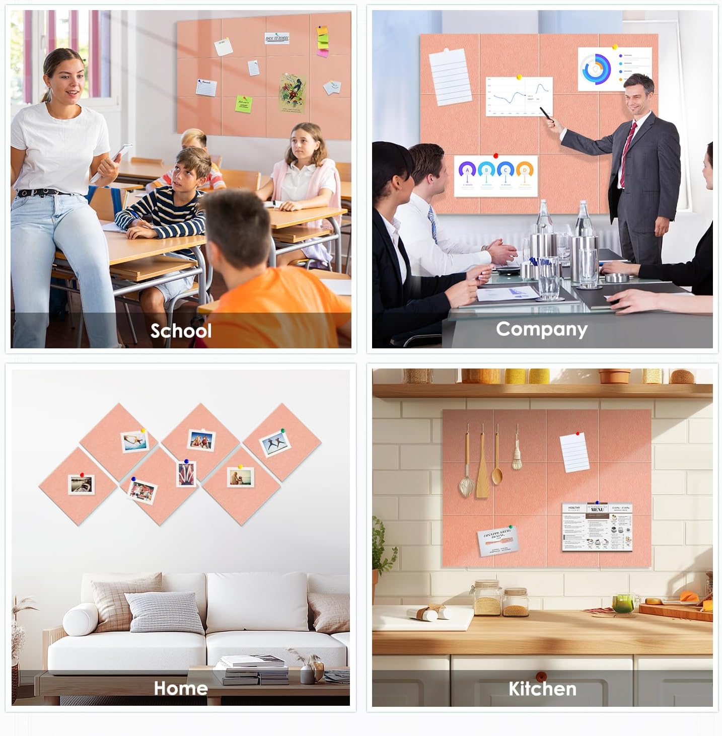 Cork Board for Wall,48"x36" 12 Pack Felt Wall Tiles with Safe Removable Adhesive Tabs, Bulletin Boards for Home Office Kitchen, Pin Board Notice Board for Photos, Memos, Pink