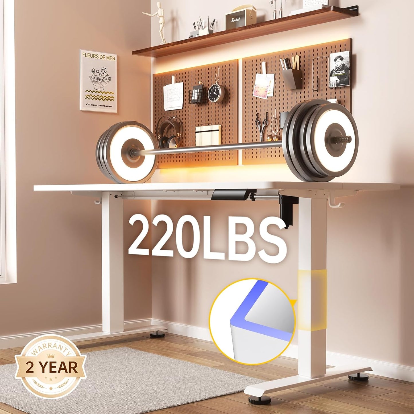 Veken 55 Inch Large Electric Standing Desk, 4 Memory Heights Adjustable,Sit to Stand Up, Work Home Office Computer Table for Study, Walking Pad, Writing, and Games, Wooden Desktop Desks, White