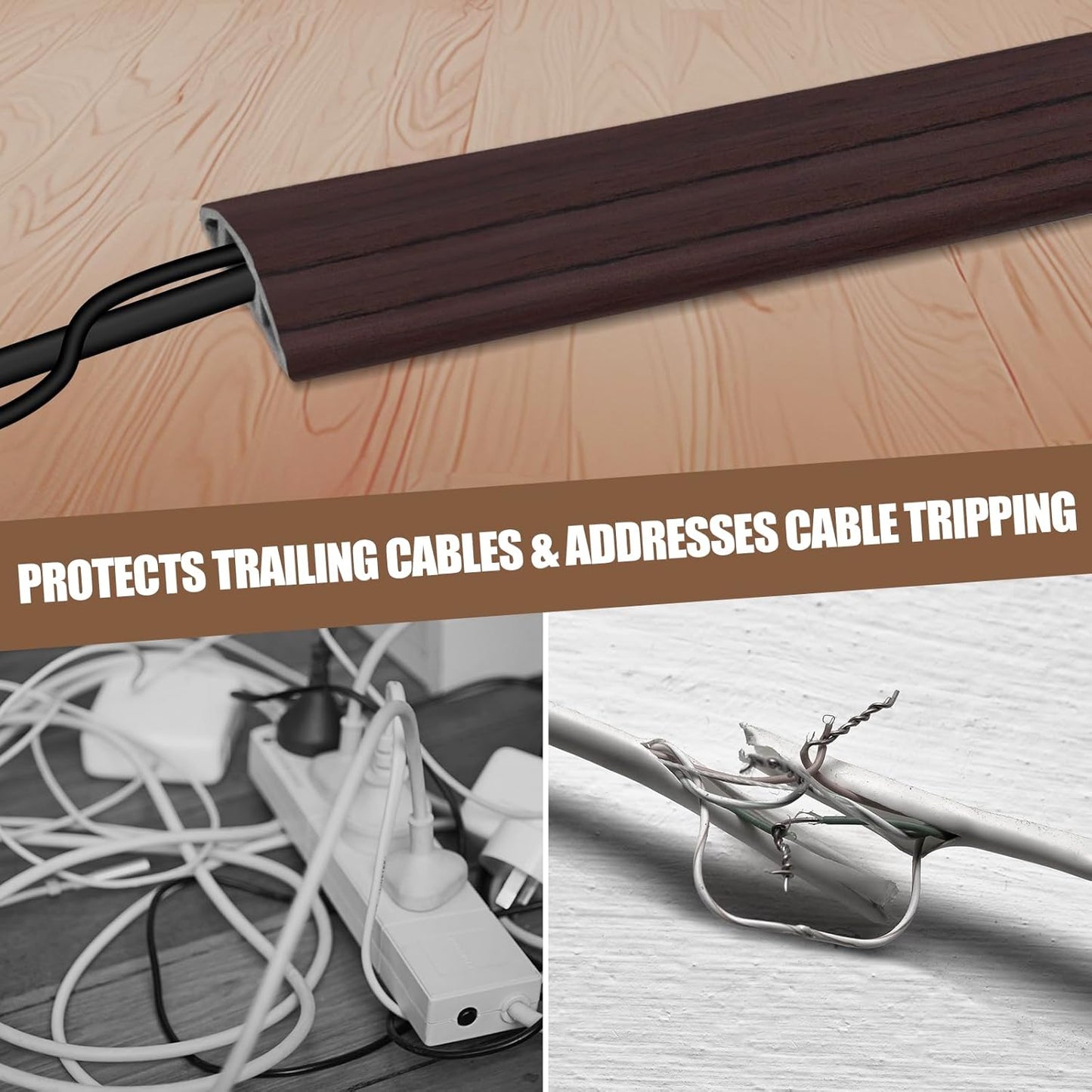 Floor Cord Cover Self Adhesive Cord Hider,10FT Cable Management, Extension Strip Protector for Wires, Prevent Cable Trips for Offices, Gyms, Exhibitions Cavity:0.3"(W) x 0.28"(H) Black Wood