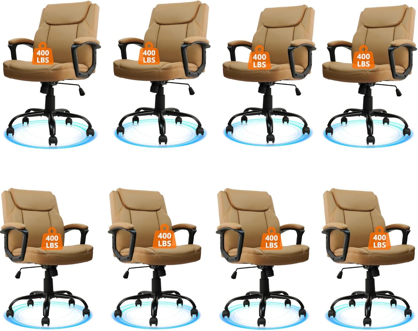CLATINA Brown Office Computer Chair PU Leather Executive Swivel Adjustable Height Chairs with Upholstery Fixed armrest Mid-Back Leather Thick Cushion Office Chair Brown 8Pack