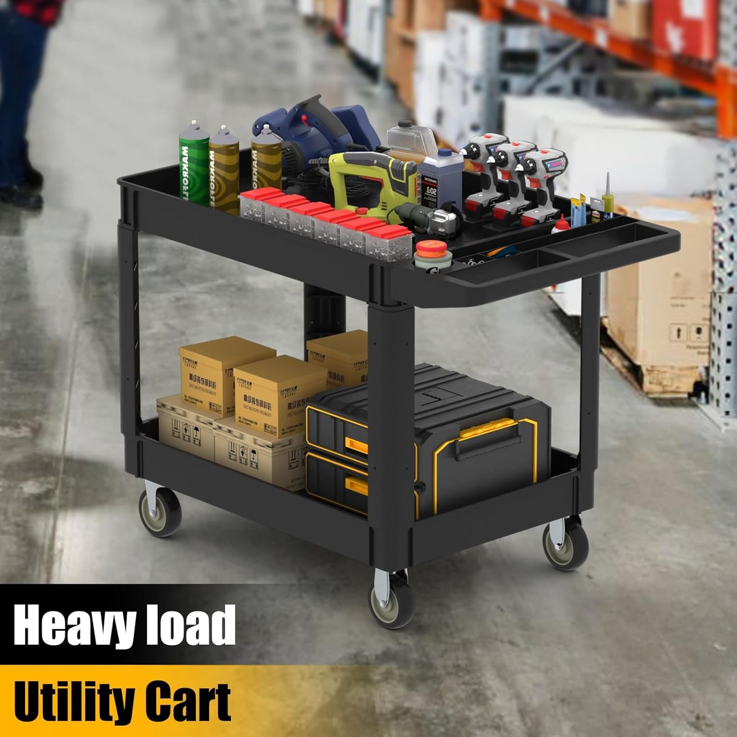 Utility Plastic Tool Cart, 46 x 26-Inch Rolling Service Carts Huge Storage W/Deep 2-Shelf Heavy Duty Cart with Wheels, 1000 lbs Capacity Organizer for Garage, Warehouse, Workshop, Black