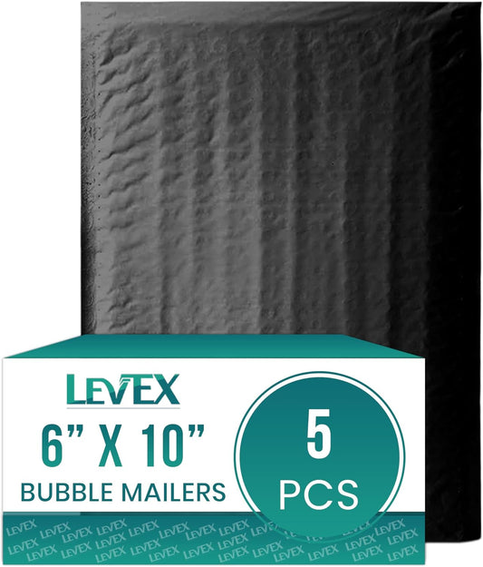 Levex - #0 6" x 10" [5 Pack] Black Poly Bubble Mailers, Padded Envelope Mailers, Packing Envelope & Mailing Bags for Shipping